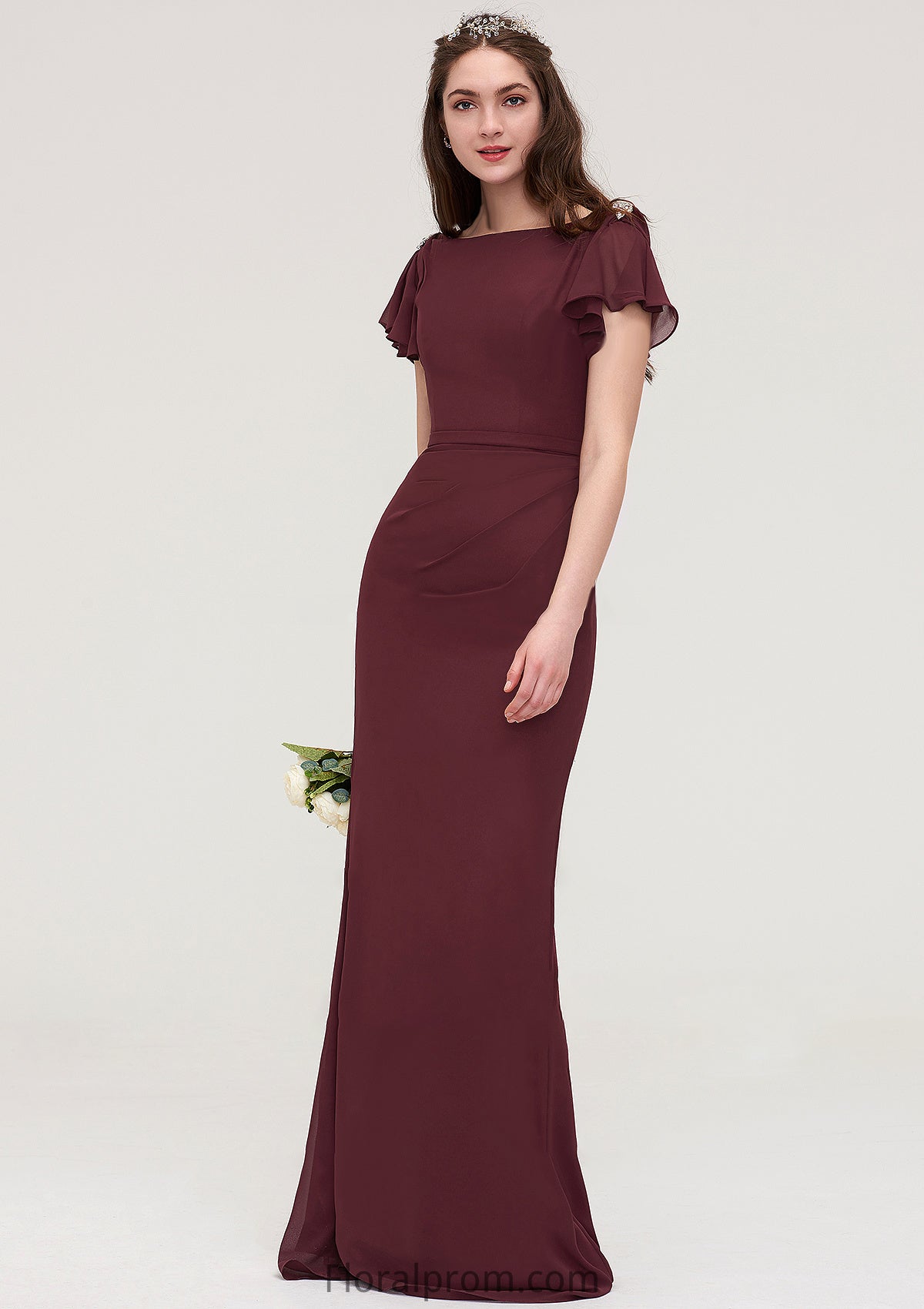 Short Sleeve Bateau Long/Floor-Length Sheath/Column Chiffon Bridesmaid Dresses With Crystal Detailing Sashes Amaya HJP0025440