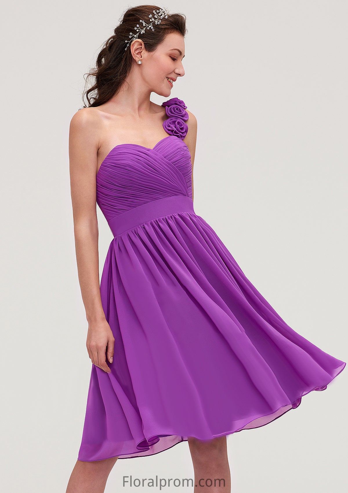 One-Shoulder Sleeveless Knee-Length Chiffon A-line/Princess Bridesmaid Dresseses With Pleated Flowers Ashlynn HJP0025441