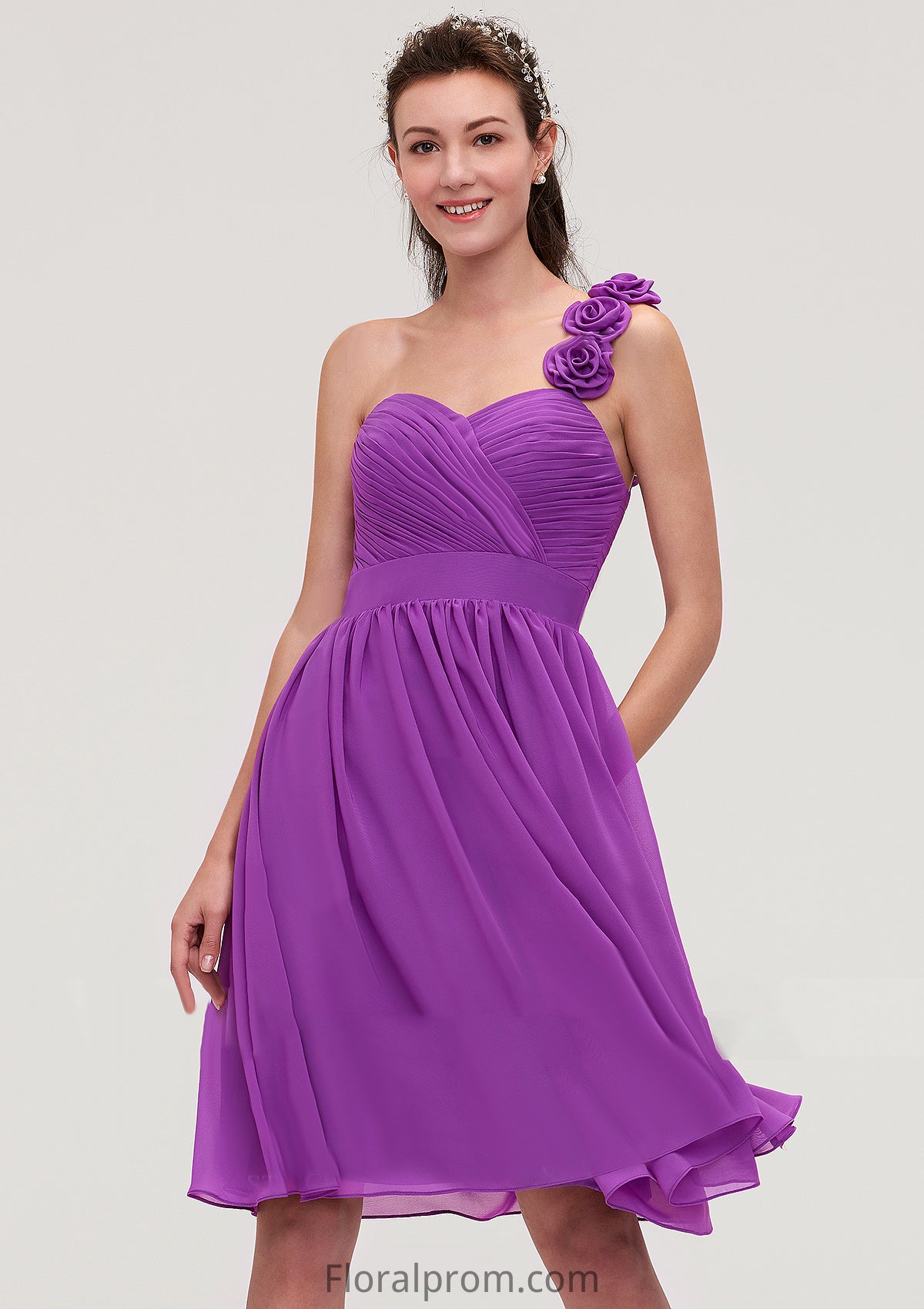 One-Shoulder Sleeveless Knee-Length Chiffon A-line/Princess Bridesmaid Dresseses With Pleated Flowers Ashlynn HJP0025441