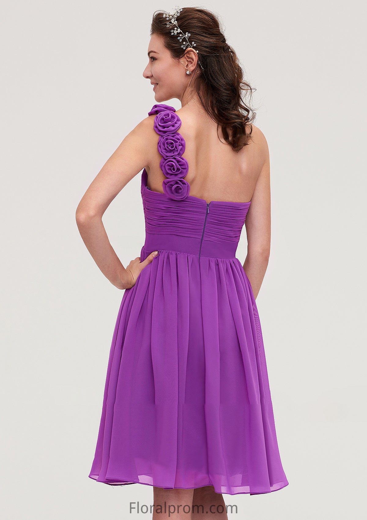 One-Shoulder Sleeveless Knee-Length Chiffon A-line/Princess Bridesmaid Dresseses With Pleated Flowers Ashlynn HJP0025441