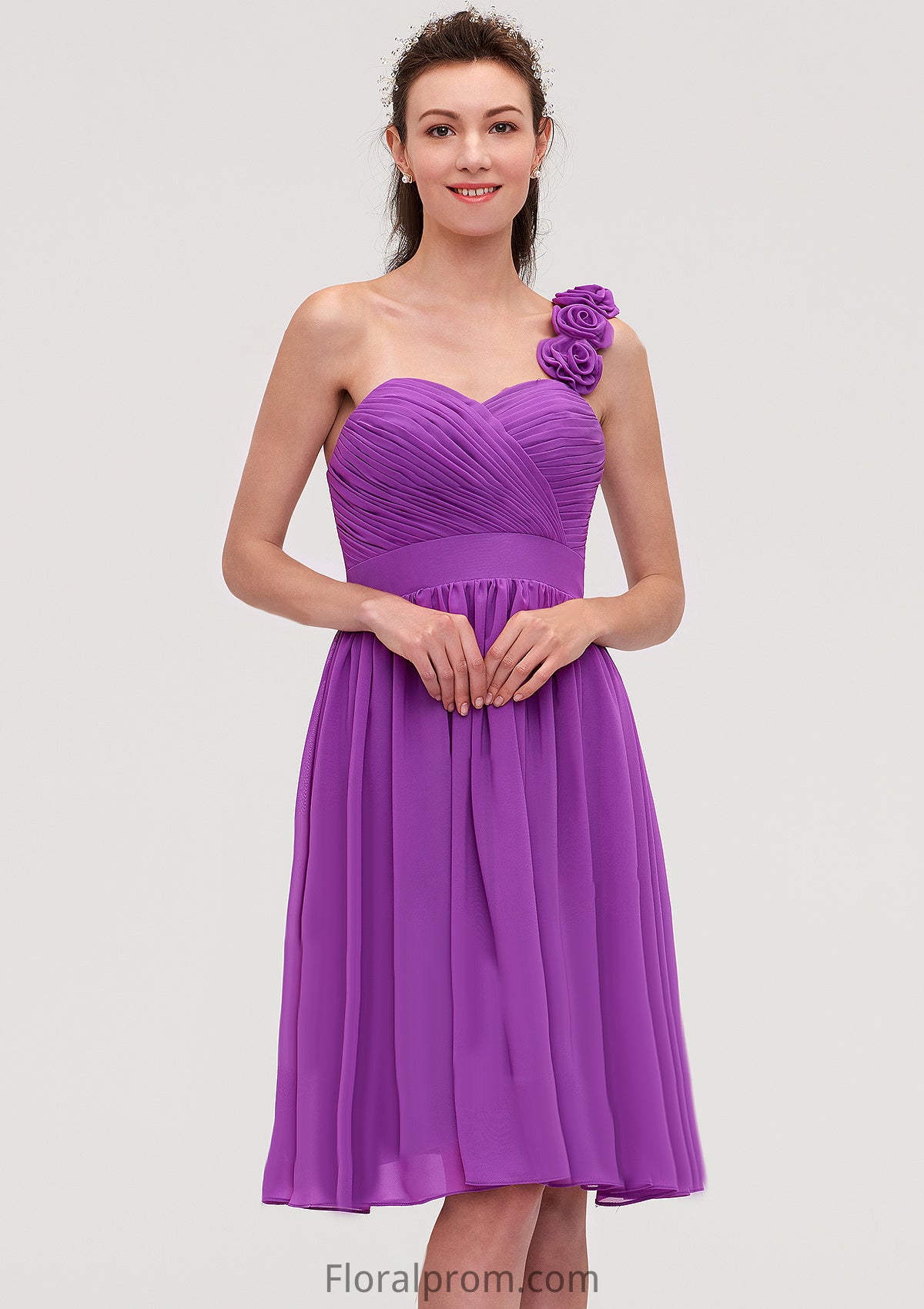 One-Shoulder Sleeveless Knee-Length Chiffon A-line/Princess Bridesmaid Dresseses With Pleated Flowers Ashlynn HJP0025441