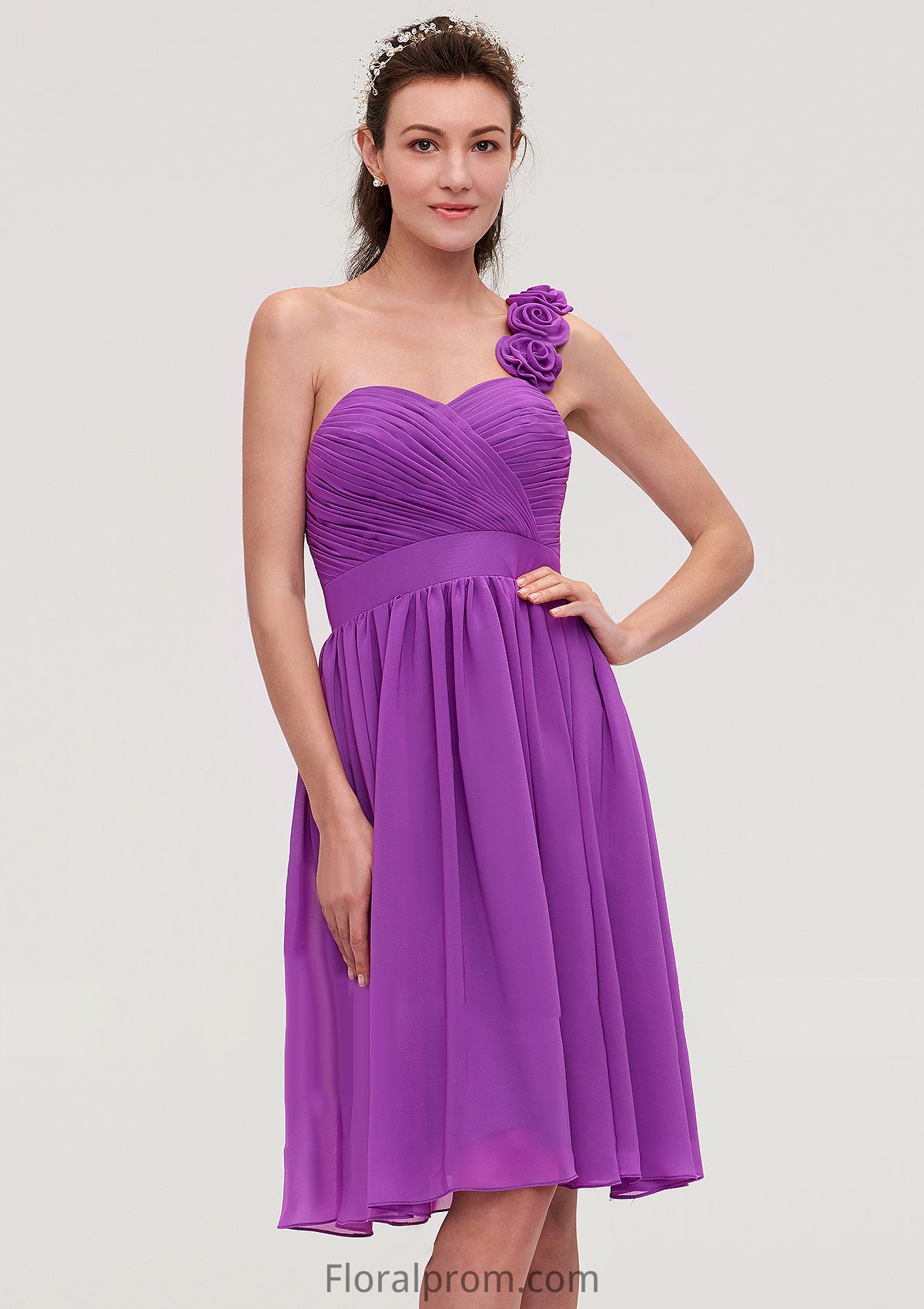 One-Shoulder Sleeveless Knee-Length Chiffon A-line/Princess Bridesmaid Dresseses With Pleated Flowers Ashlynn HJP0025441