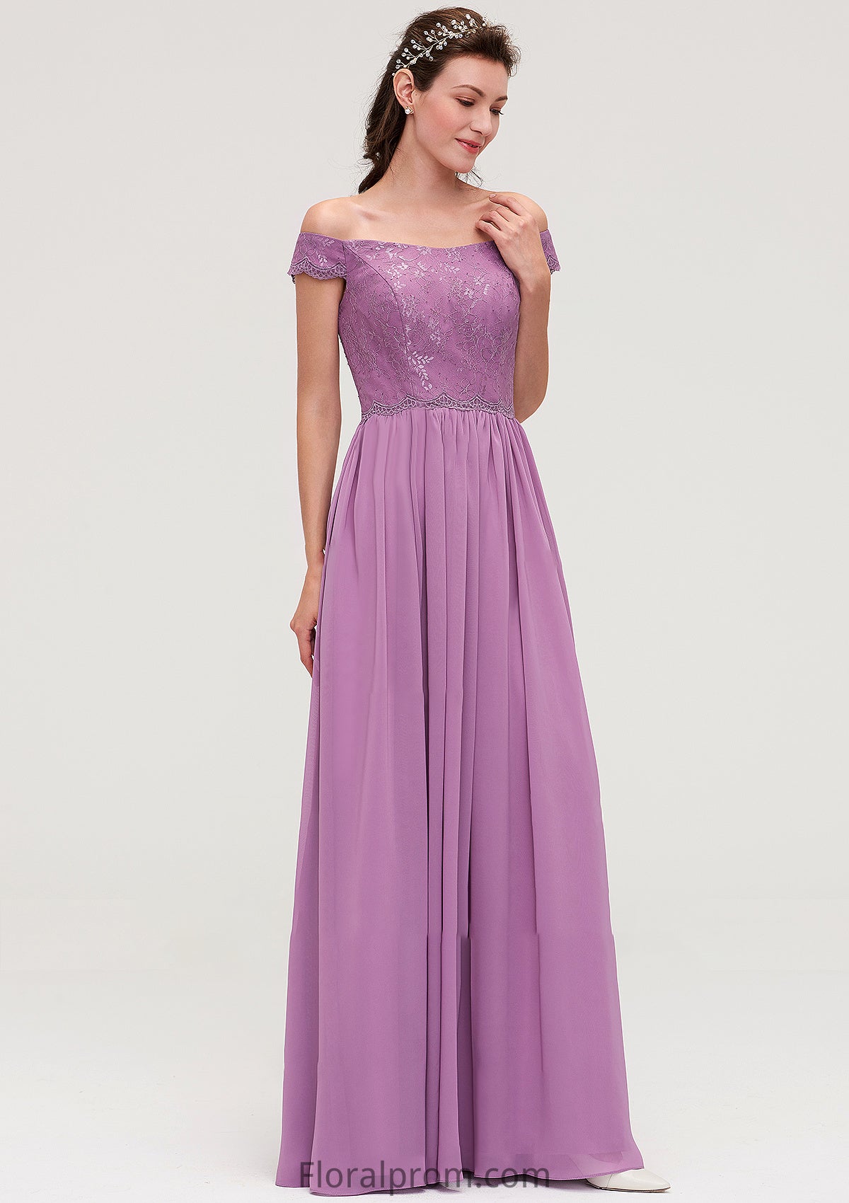 Sleeveless Off-the-Shoulder Long/Floor-Length Chiffon A-line/Princess Bridesmaid Dresseses With Appliqued Alyssa HJP0025442