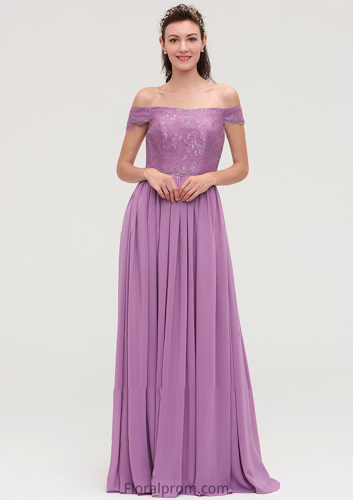 Sleeveless Off-the-Shoulder Long/Floor-Length Chiffon A-line/Princess Bridesmaid Dresseses With Appliqued Alyssa HJP0025442