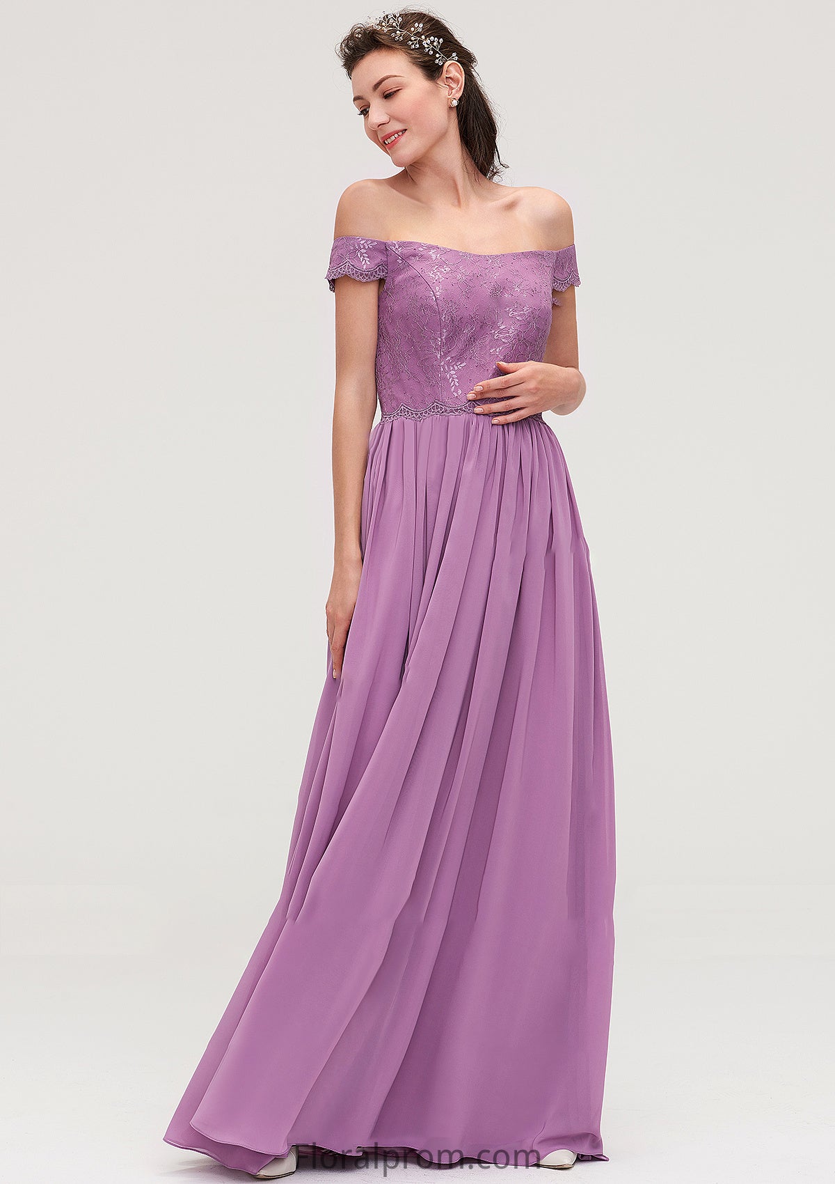 Sleeveless Off-the-Shoulder Long/Floor-Length Chiffon A-line/Princess Bridesmaid Dresseses With Appliqued Alyssa HJP0025442