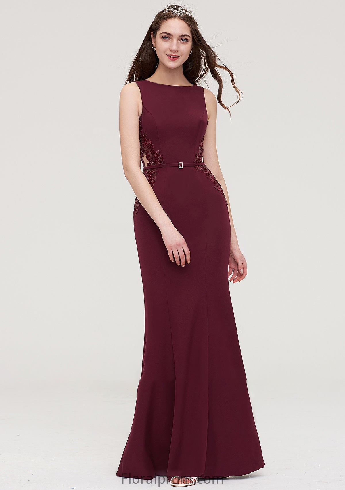 Bateau Sleeveless Sheath/Column Long/Floor-Length Elastic Satin Bridesmaid Dresses With Waistband Lace Sequins Carolyn HJP0025443