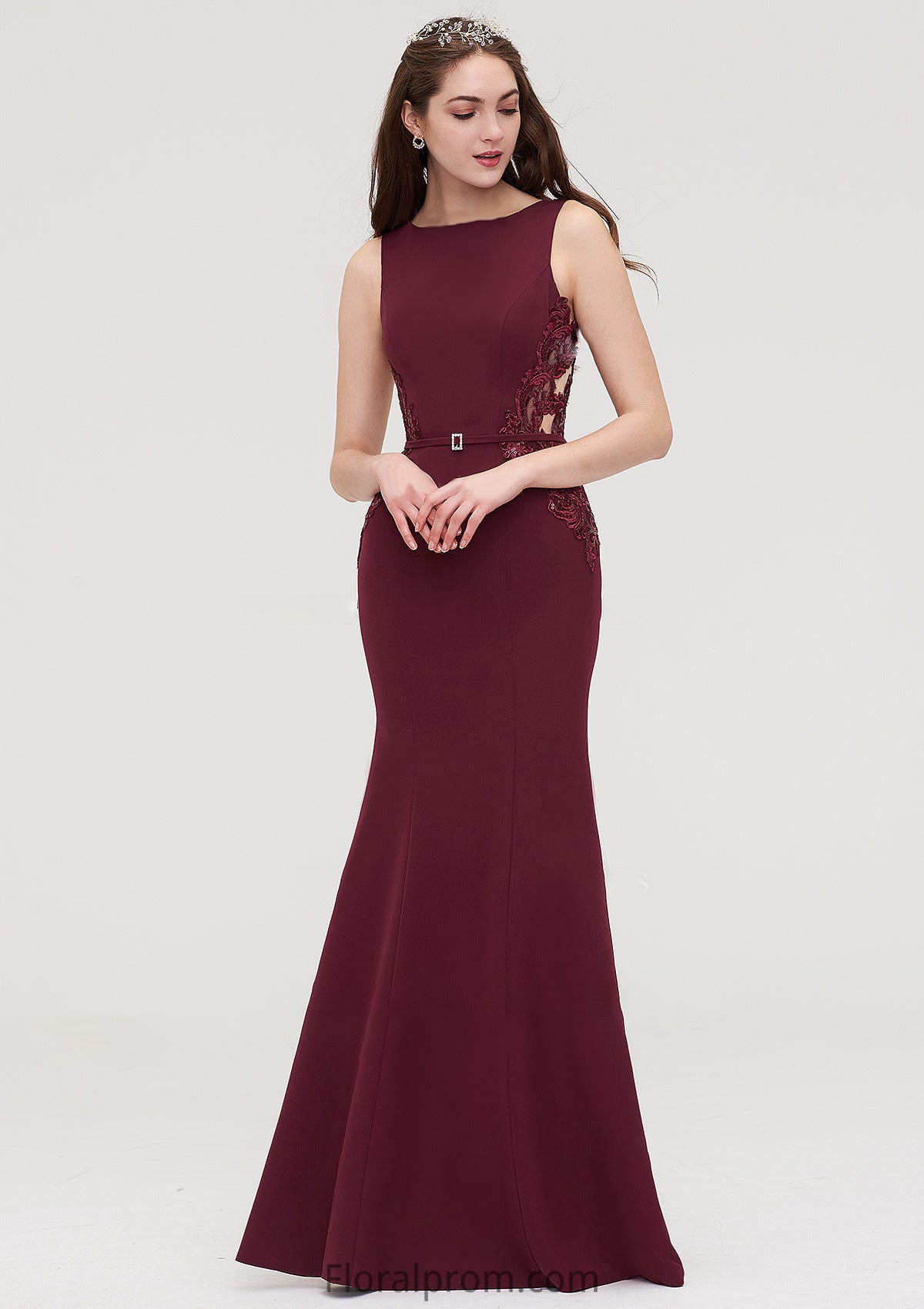 Bateau Sleeveless Sheath/Column Long/Floor-Length Elastic Satin Bridesmaid Dresses With Waistband Lace Sequins Carolyn HJP0025443