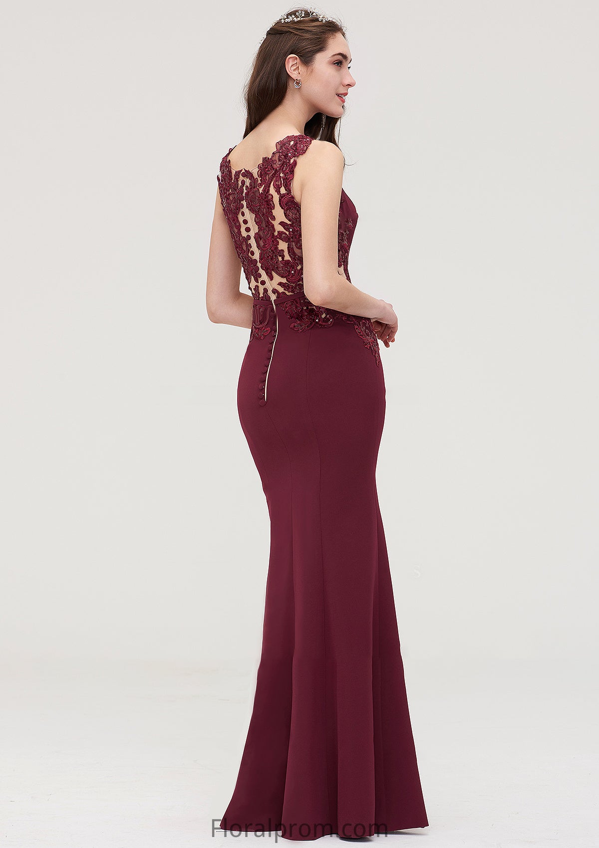 Bateau Sleeveless Sheath/Column Long/Floor-Length Elastic Satin Bridesmaid Dresses With Waistband Lace Sequins Carolyn HJP0025443