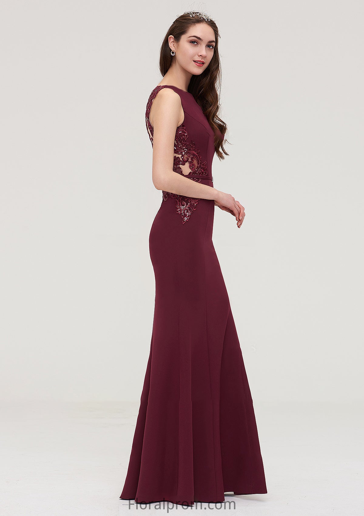 Bateau Sleeveless Sheath/Column Long/Floor-Length Elastic Satin Bridesmaid Dresses With Waistband Lace Sequins Carolyn HJP0025443