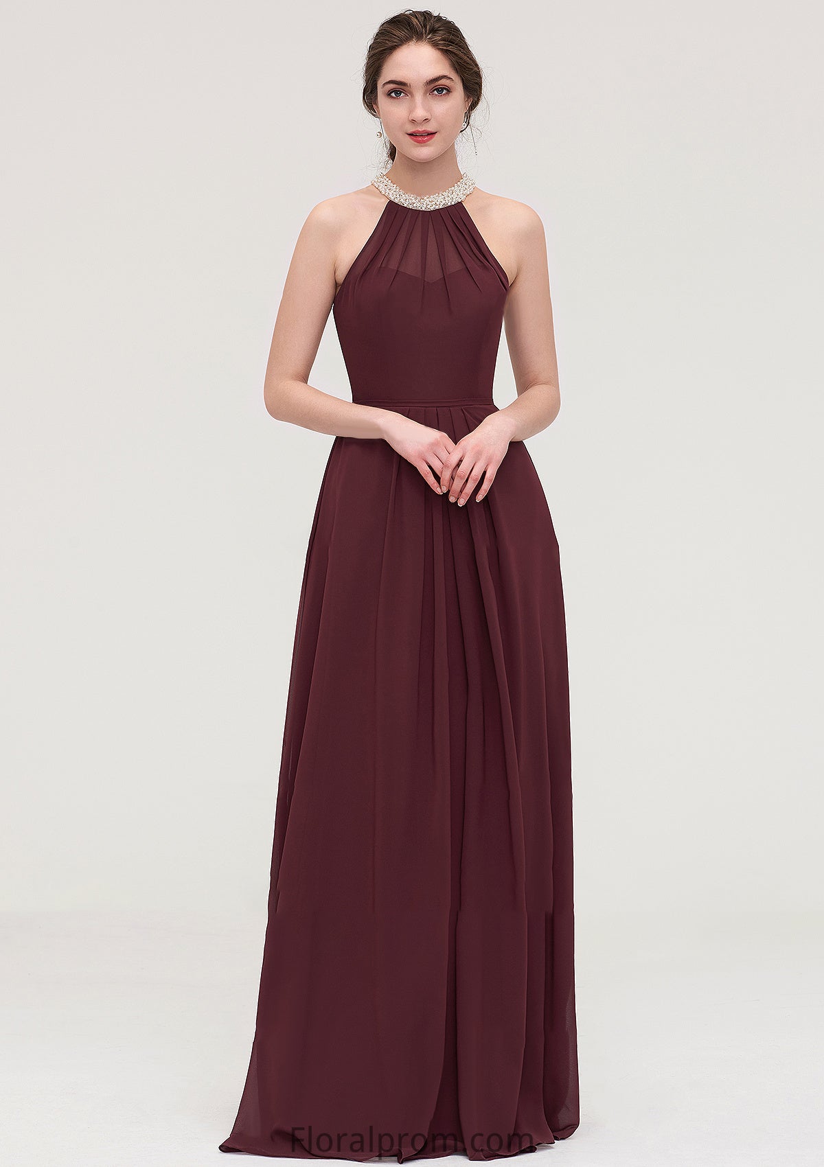 Sleeveless Halter Long/Floor-Length Chiffon A-line/Princess Bridesmaid Dresses With Beading Pleated Elisabeth HJP0025445