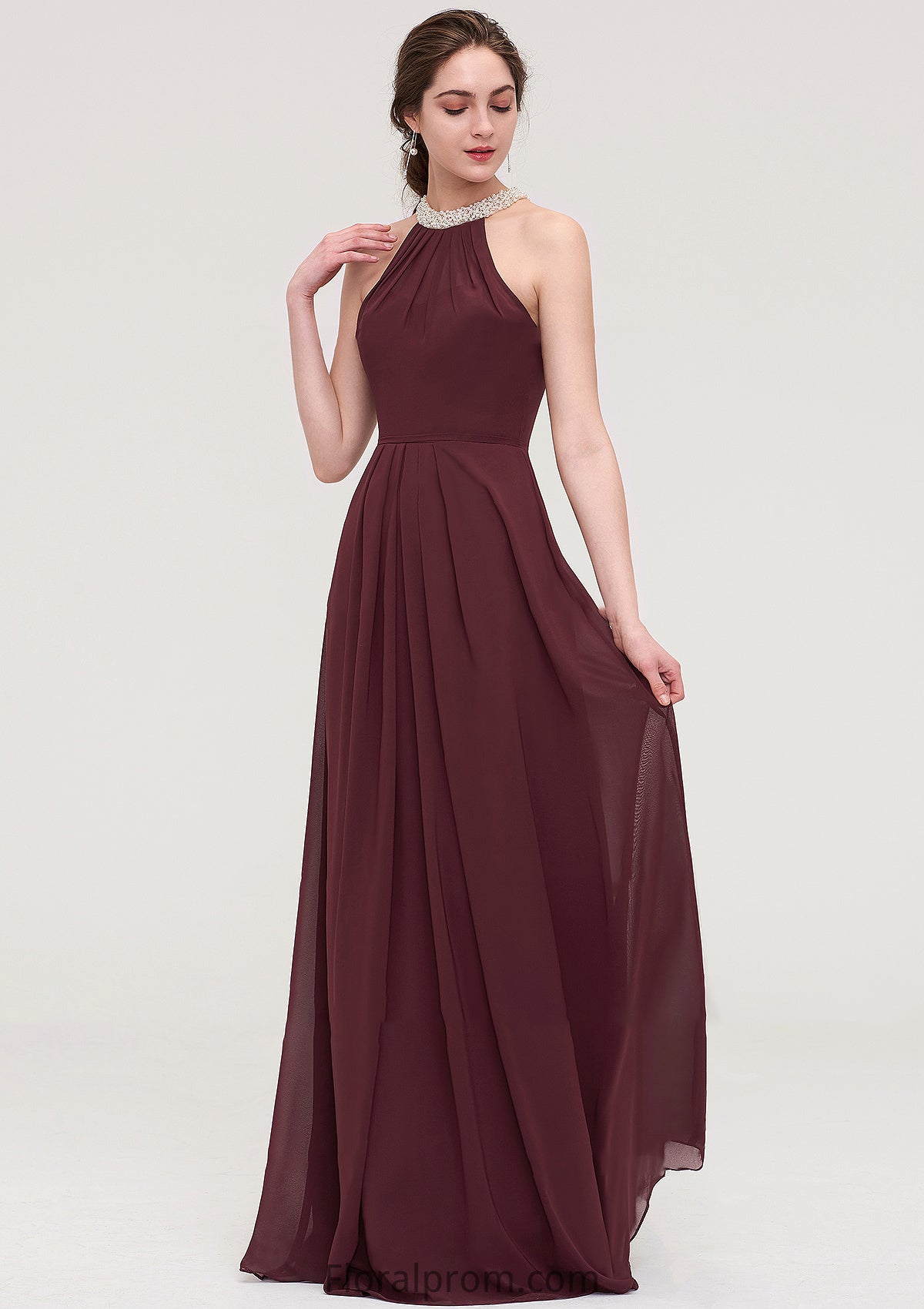 Sleeveless Halter Long/Floor-Length Chiffon A-line/Princess Bridesmaid Dresses With Beading Pleated Elisabeth HJP0025445