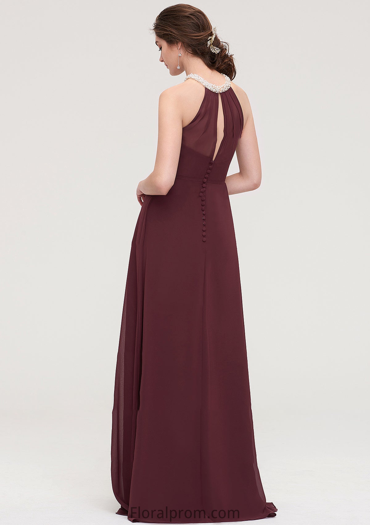 Sleeveless Halter Long/Floor-Length Chiffon A-line/Princess Bridesmaid Dresses With Beading Pleated Elisabeth HJP0025445