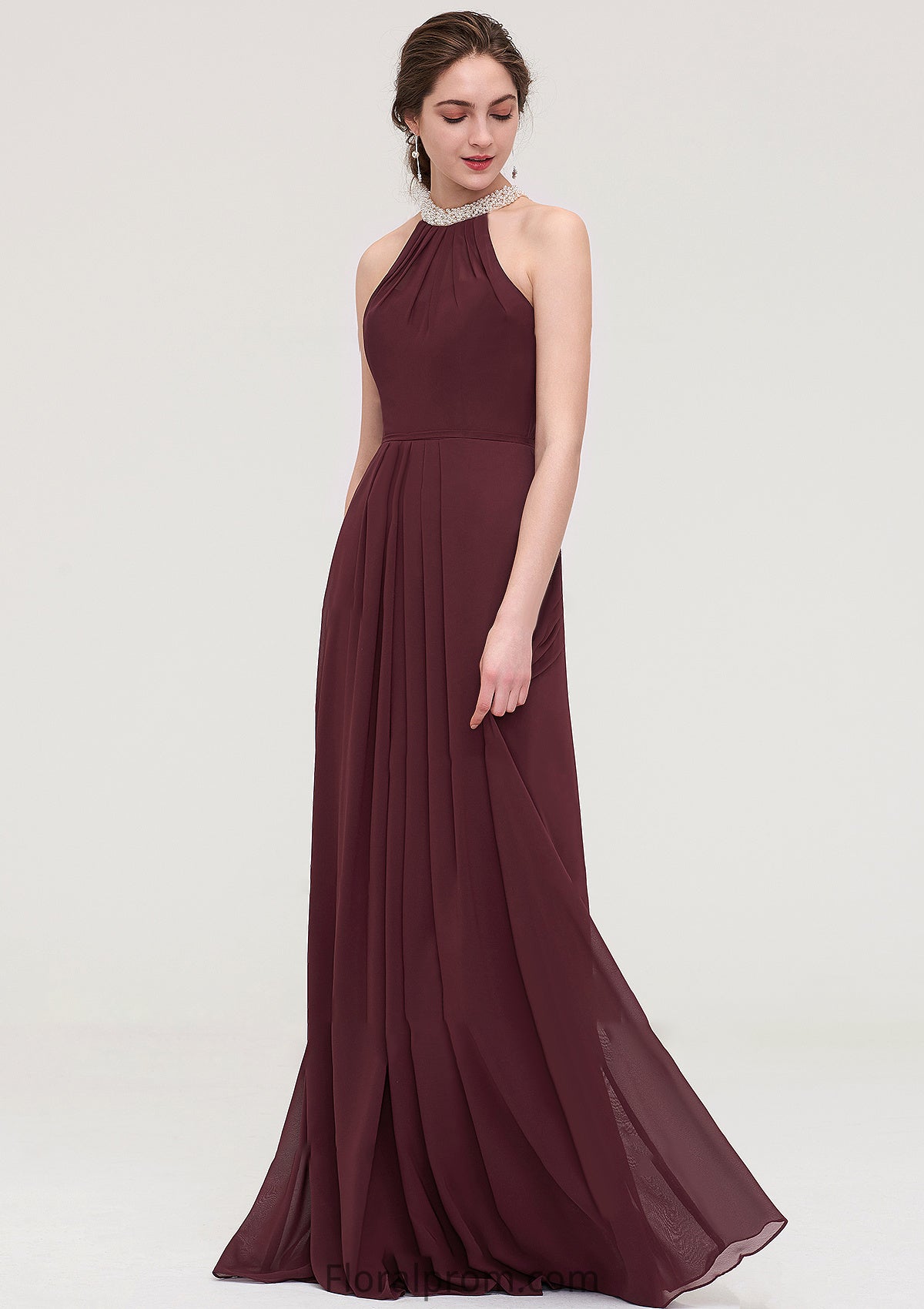 Sleeveless Halter Long/Floor-Length Chiffon A-line/Princess Bridesmaid Dresses With Beading Pleated Elisabeth HJP0025445