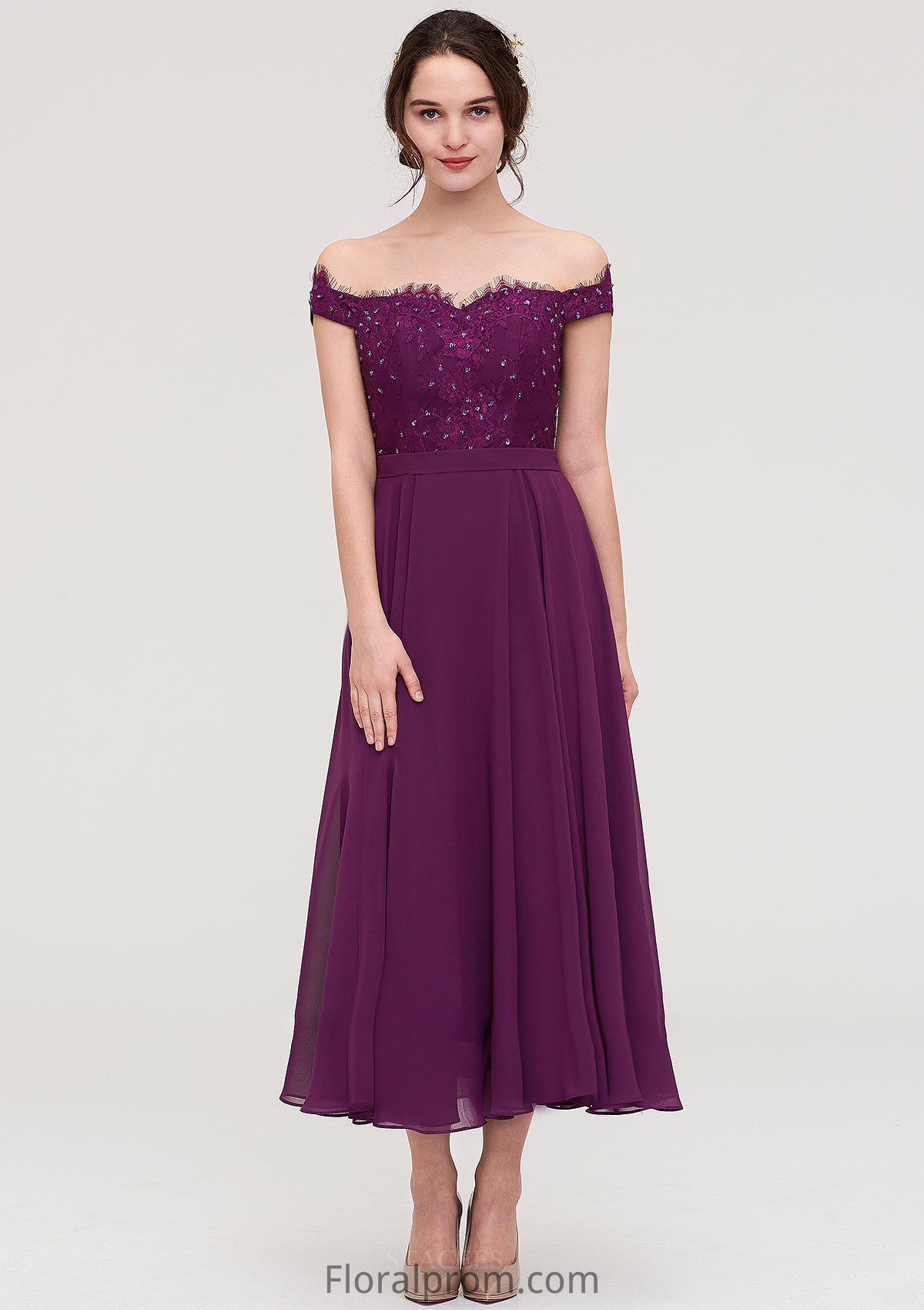 Off-the-Shoulder Sleeveless Tea-Length Chiffon A-line/Princess Bridesmaid Dresses With Lace Beading Dayana HJP0025446