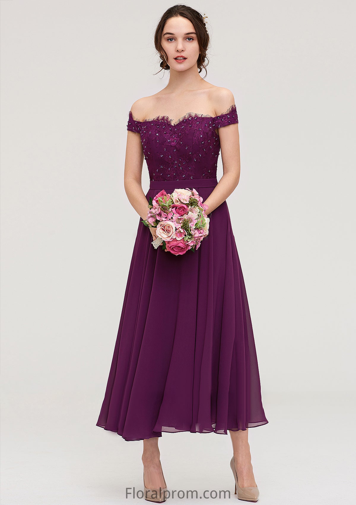 Off-the-Shoulder Sleeveless Tea-Length Chiffon A-line/Princess Bridesmaid Dresses With Lace Beading Dayana HJP0025446