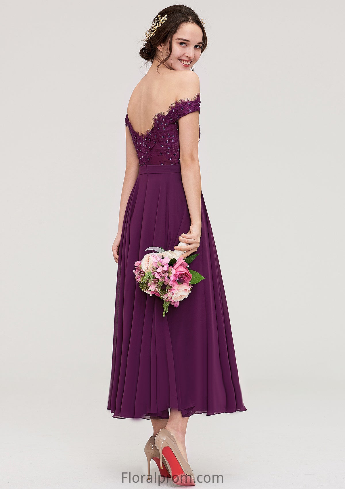 Off-the-Shoulder Sleeveless Tea-Length Chiffon A-line/Princess Bridesmaid Dresses With Lace Beading Dayana HJP0025446