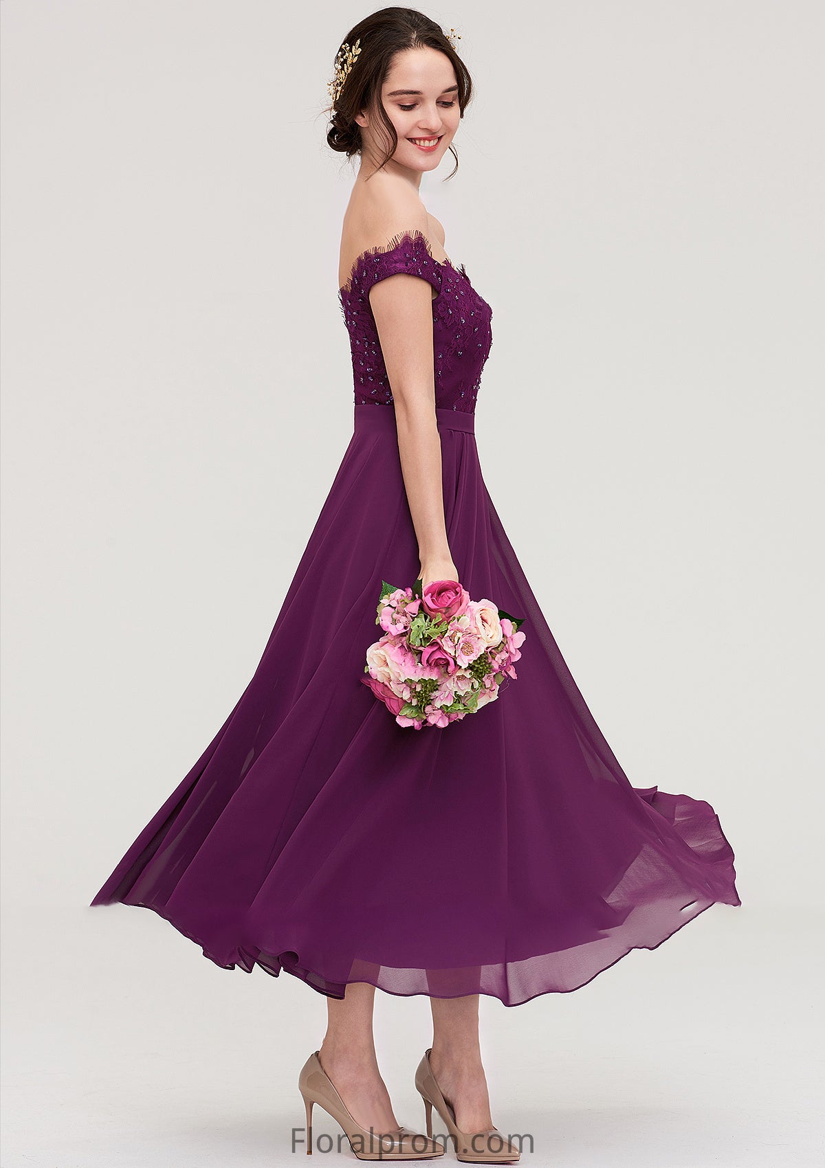 Off-the-Shoulder Sleeveless Tea-Length Chiffon A-line/Princess Bridesmaid Dresses With Lace Beading Dayana HJP0025446