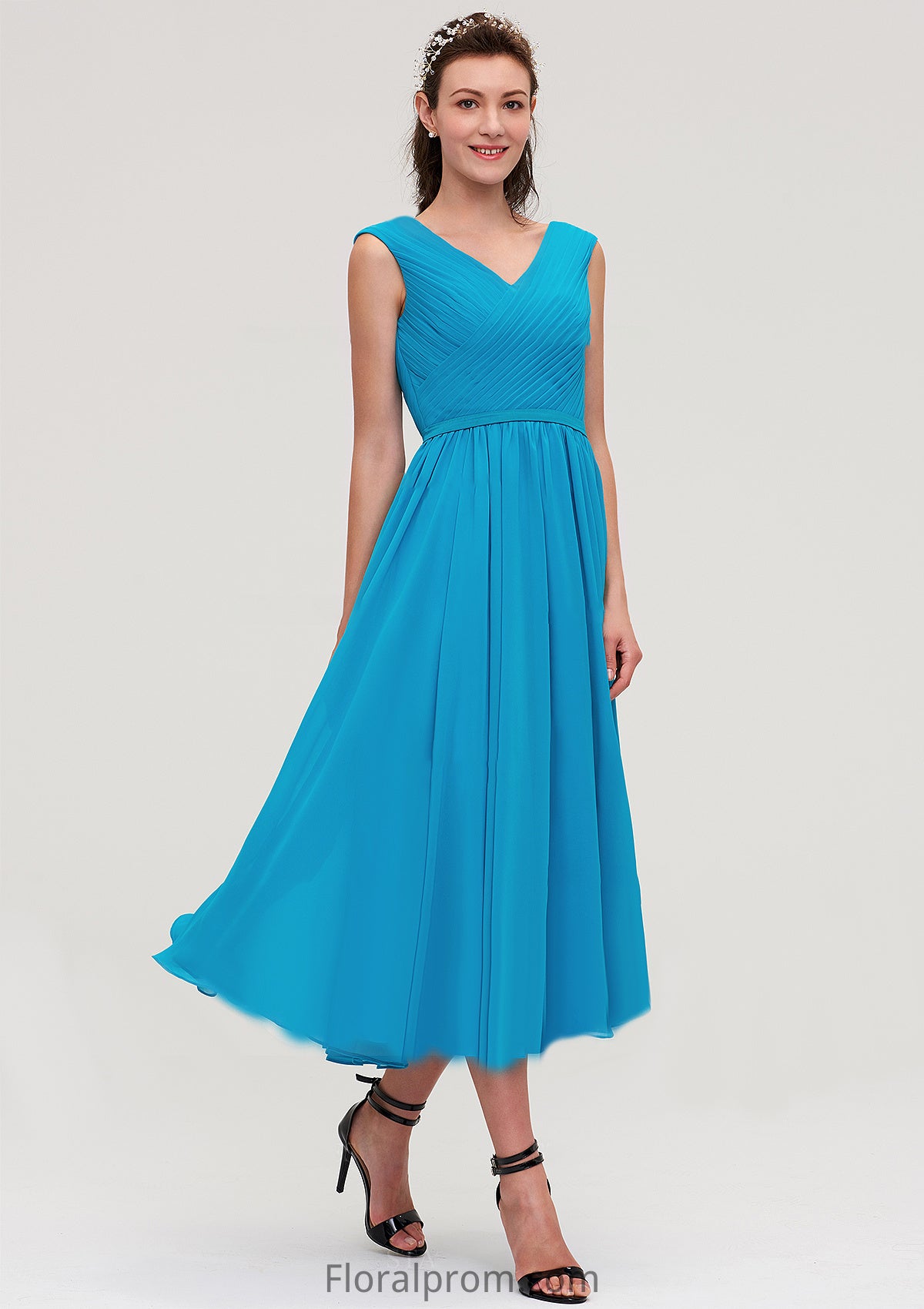 Sleeveless V Neck Tea-Length Chiffon A-line/Princess Bridesmaid Dresseses With Pleated Lila HJP0025448