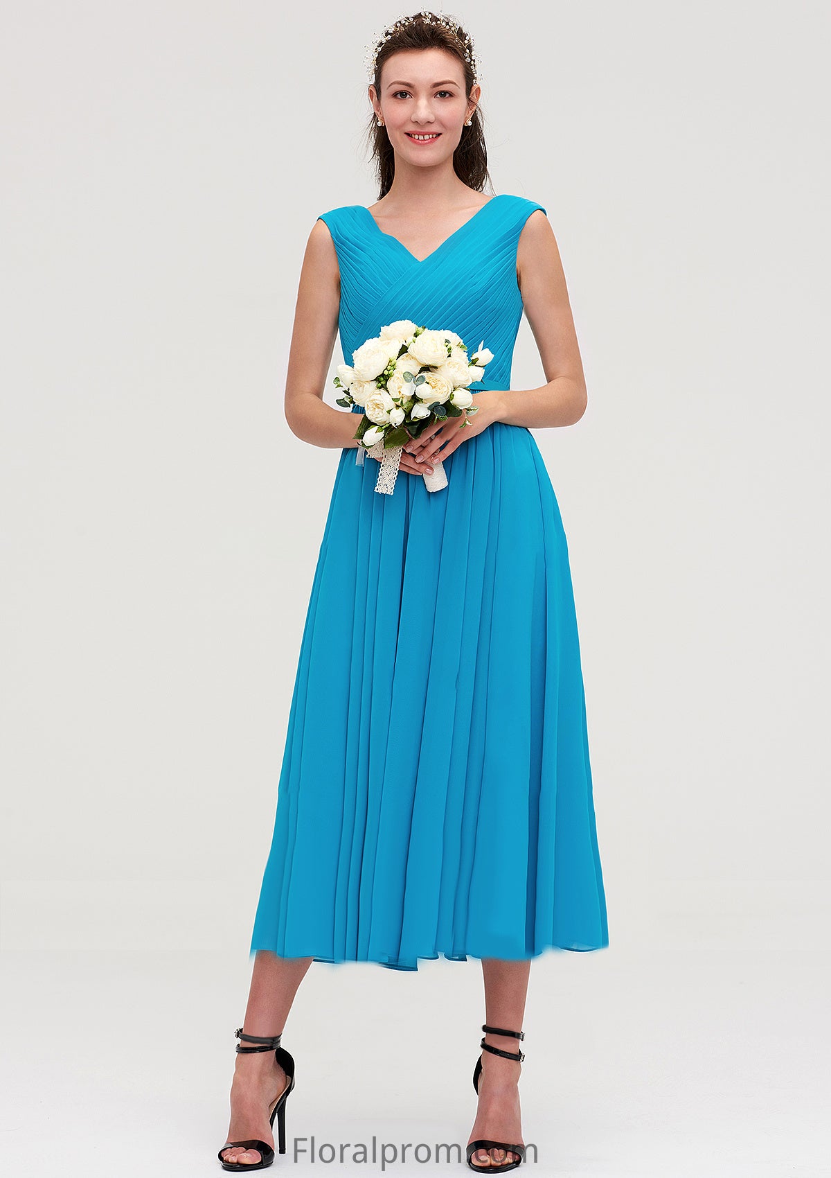 Sleeveless V Neck Tea-Length Chiffon A-line/Princess Bridesmaid Dresseses With Pleated Lila HJP0025448