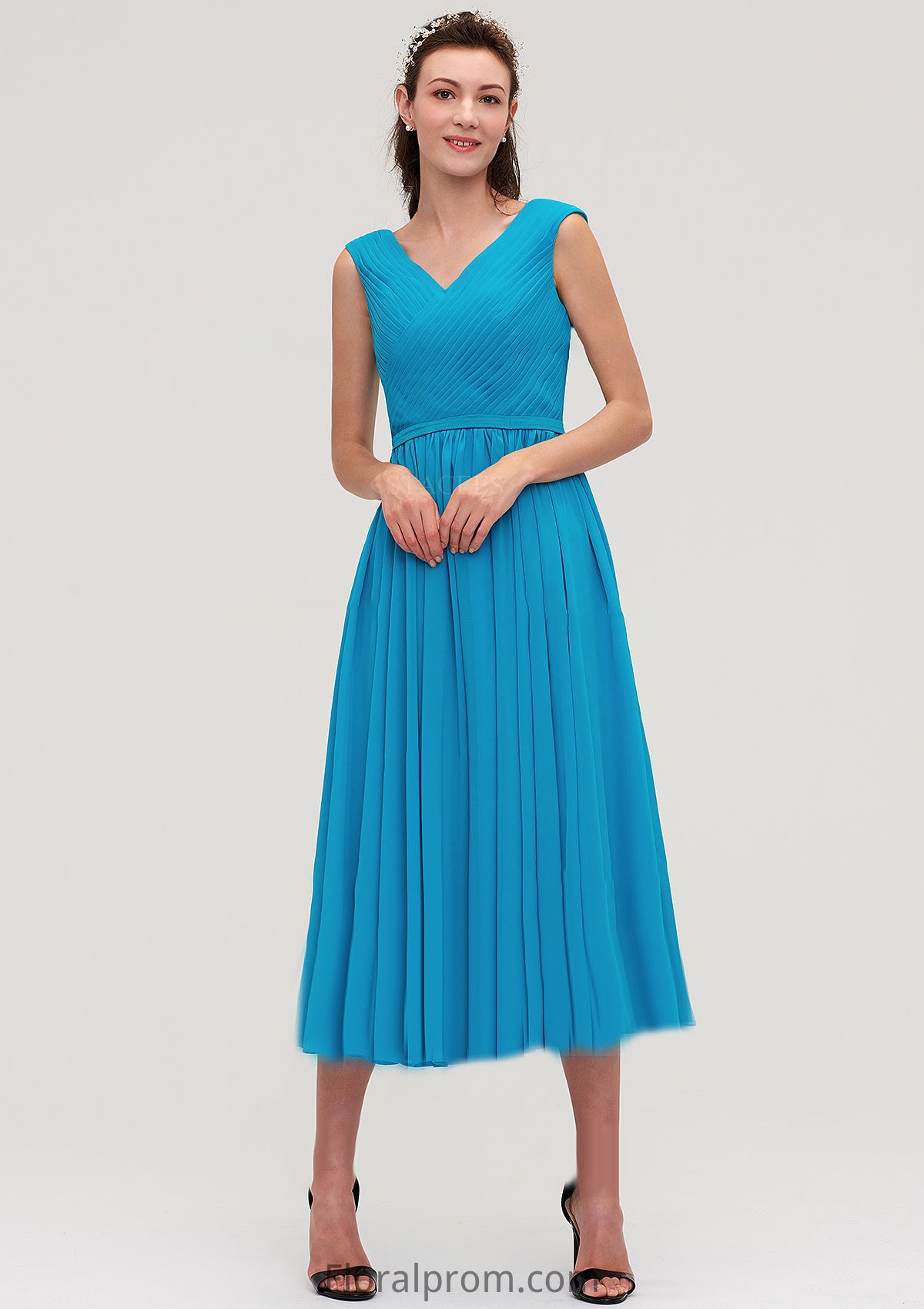 Sleeveless V Neck Tea-Length Chiffon A-line/Princess Bridesmaid Dresseses With Pleated Lila HJP0025448