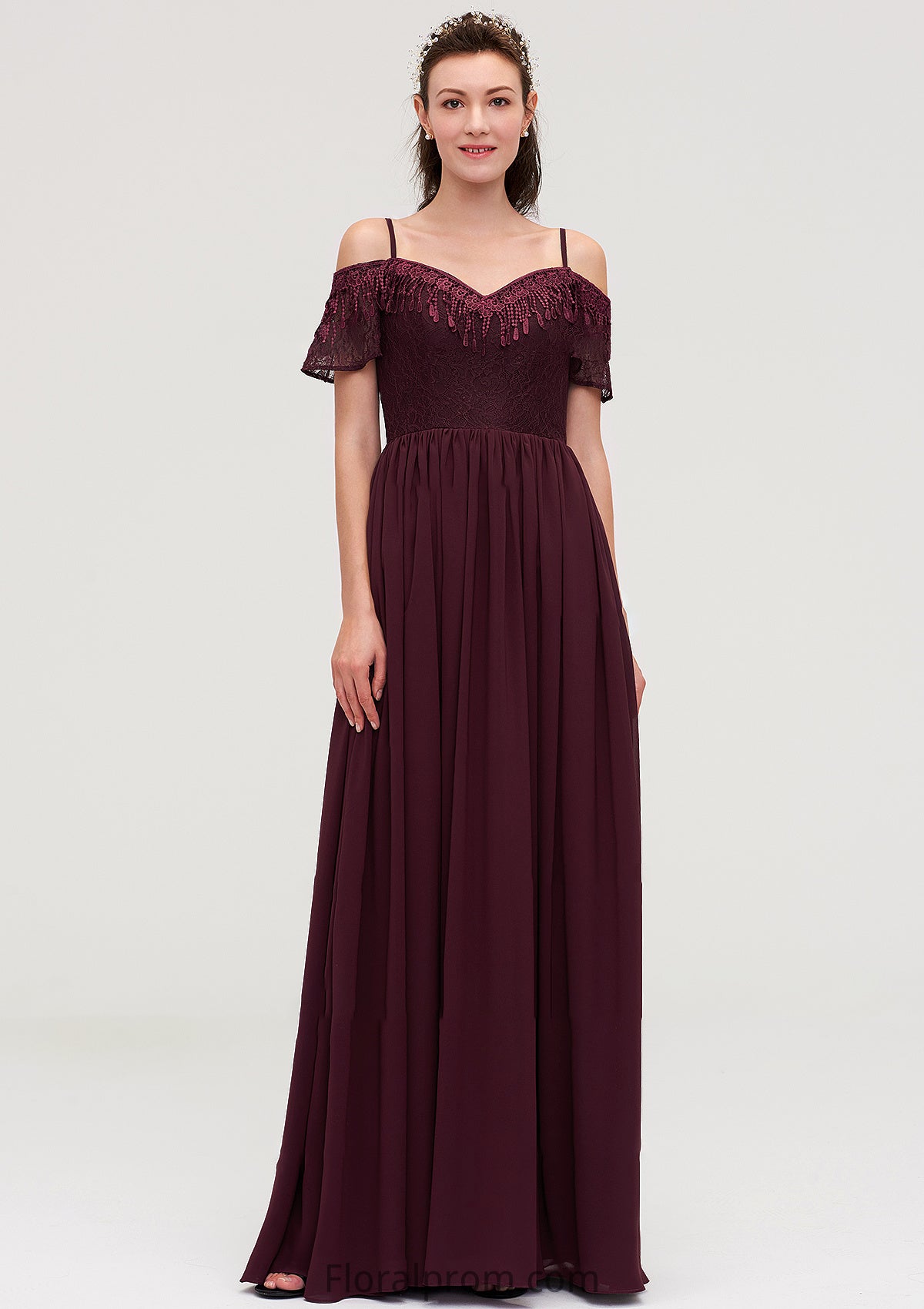 Off-the-Shoulder Sleeveless Chiffon A-line/Princess Long/Floor-Length Bridesmaid Dresseses With Lace Helena HJP0025449