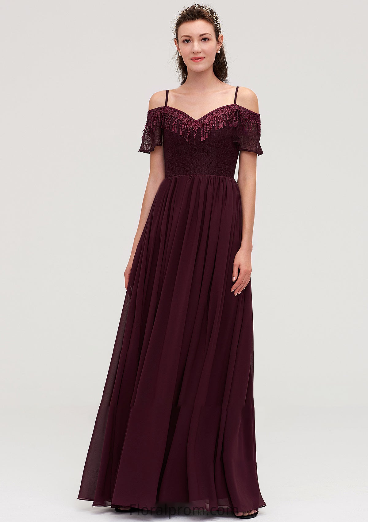 Off-the-Shoulder Sleeveless Chiffon A-line/Princess Long/Floor-Length Bridesmaid Dresseses With Lace Helena HJP0025449