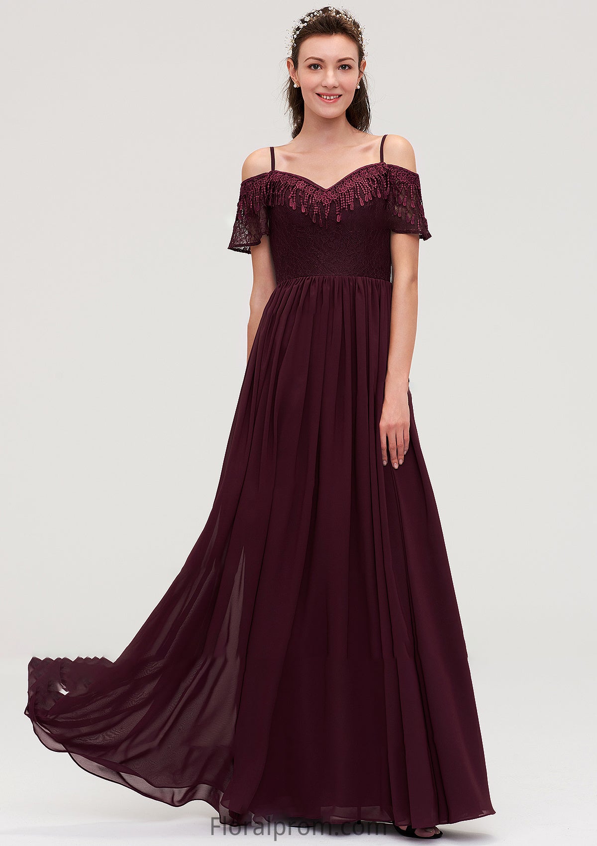 Off-the-Shoulder Sleeveless Chiffon A-line/Princess Long/Floor-Length Bridesmaid Dresseses With Lace Helena HJP0025449