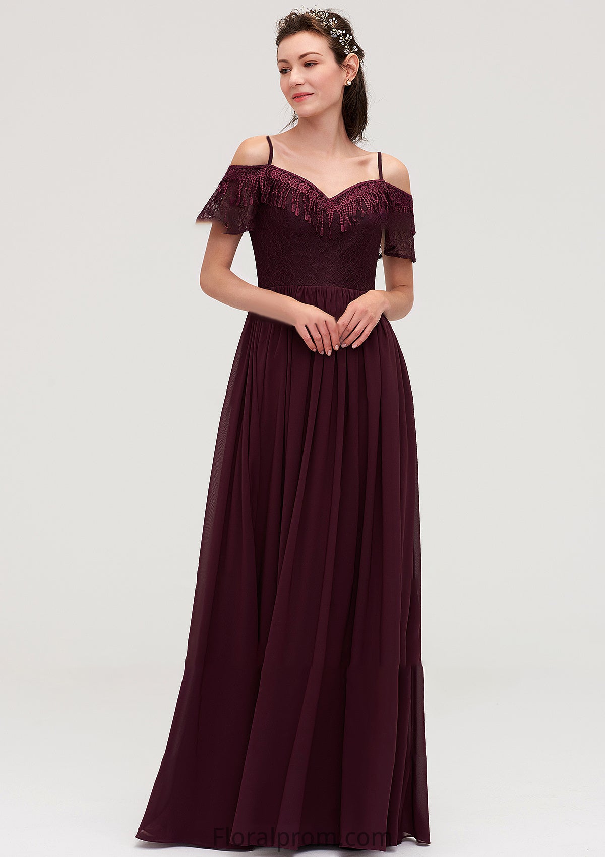 Off-the-Shoulder Sleeveless Chiffon A-line/Princess Long/Floor-Length Bridesmaid Dresseses With Lace Helena HJP0025449