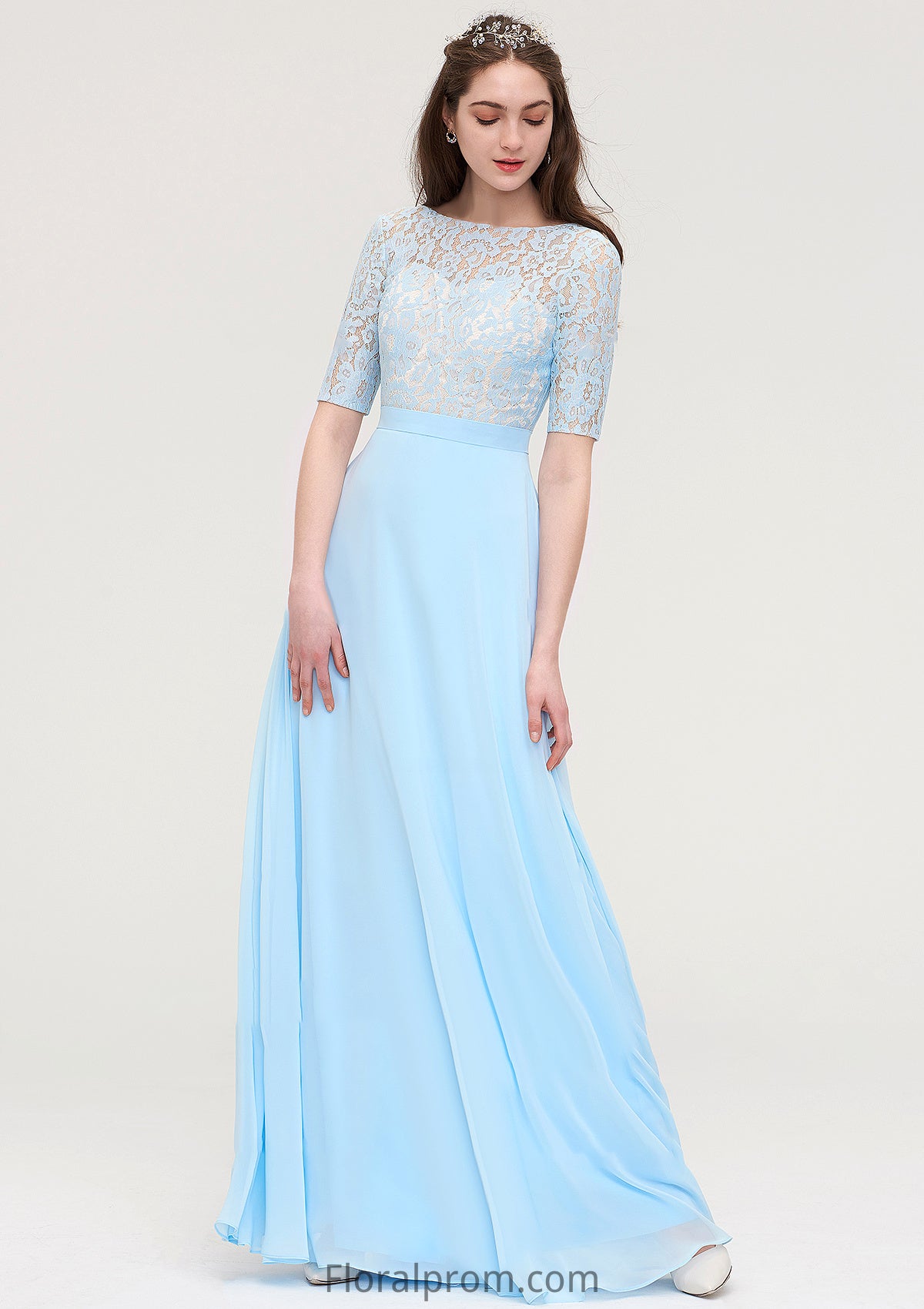 Half Sleeve Long/Floor-Length Bateau Chiffon A-line/Princess Bridesmaid Dresses With Lace Dayanara HJP0025450