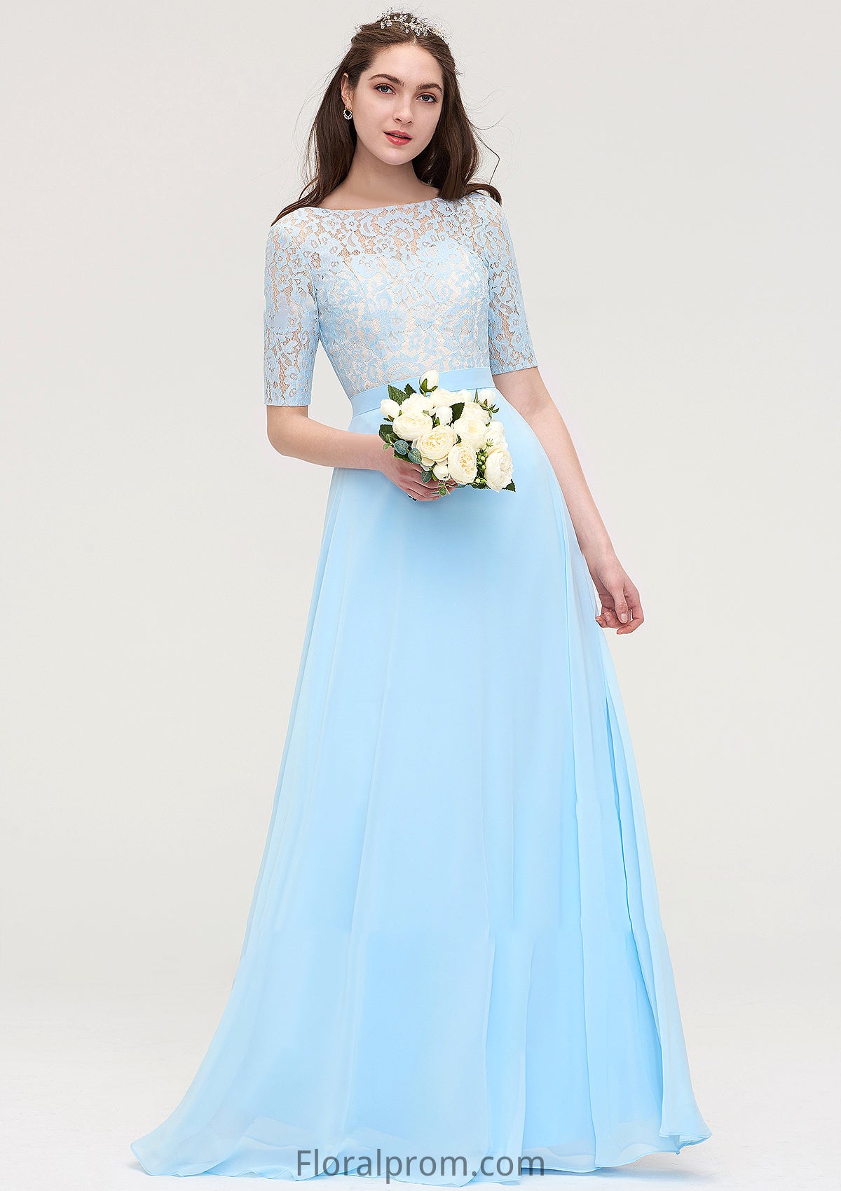 Half Sleeve Long/Floor-Length Bateau Chiffon A-line/Princess Bridesmaid Dresses With Lace Dayanara HJP0025450