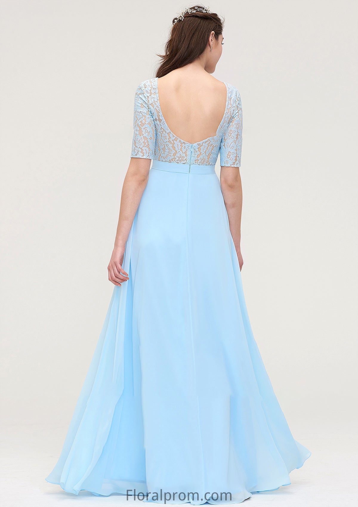 Half Sleeve Long/Floor-Length Bateau Chiffon A-line/Princess Bridesmaid Dresses With Lace Dayanara HJP0025450