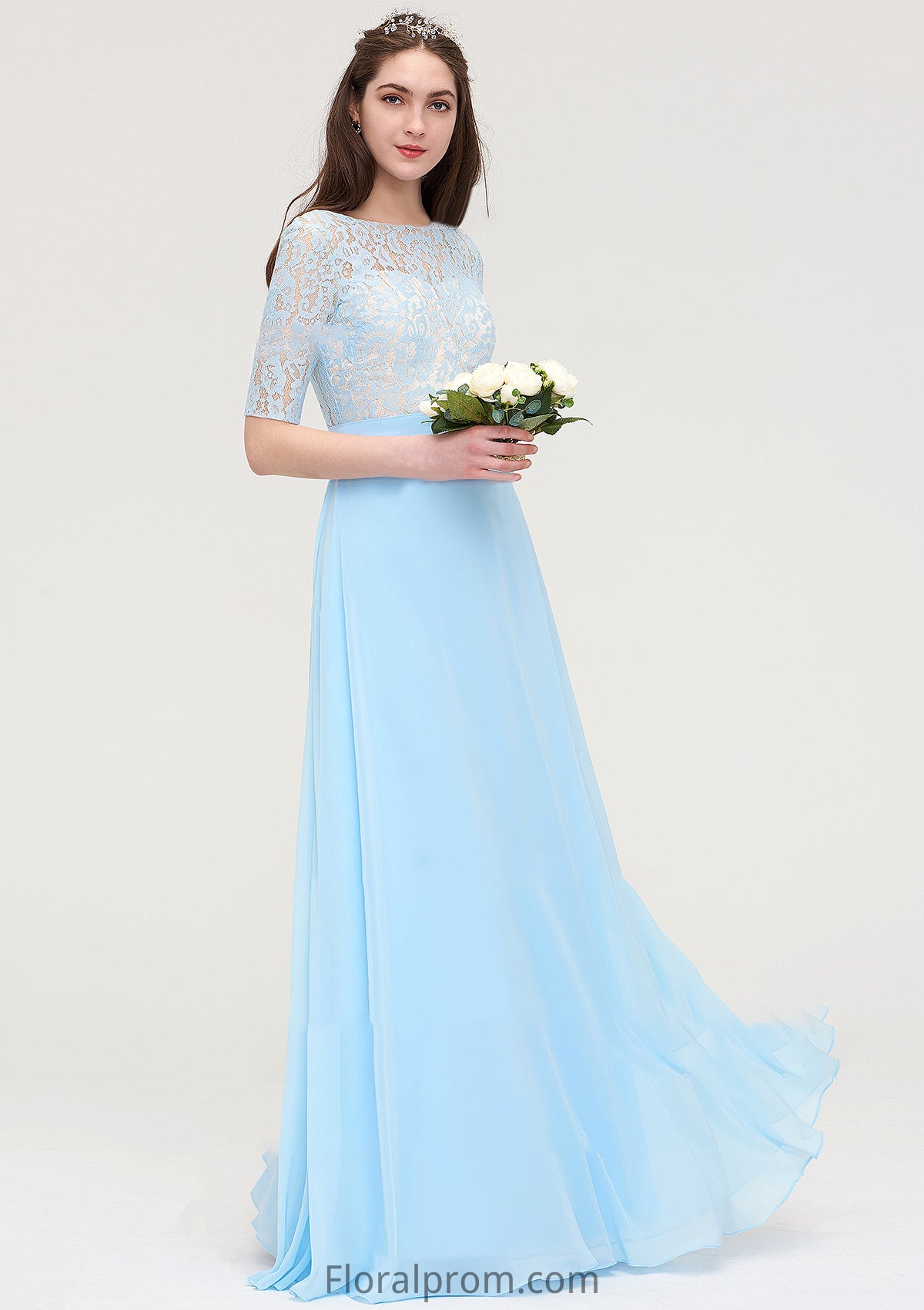 Half Sleeve Long/Floor-Length Bateau Chiffon A-line/Princess Bridesmaid Dresses With Lace Dayanara HJP0025450