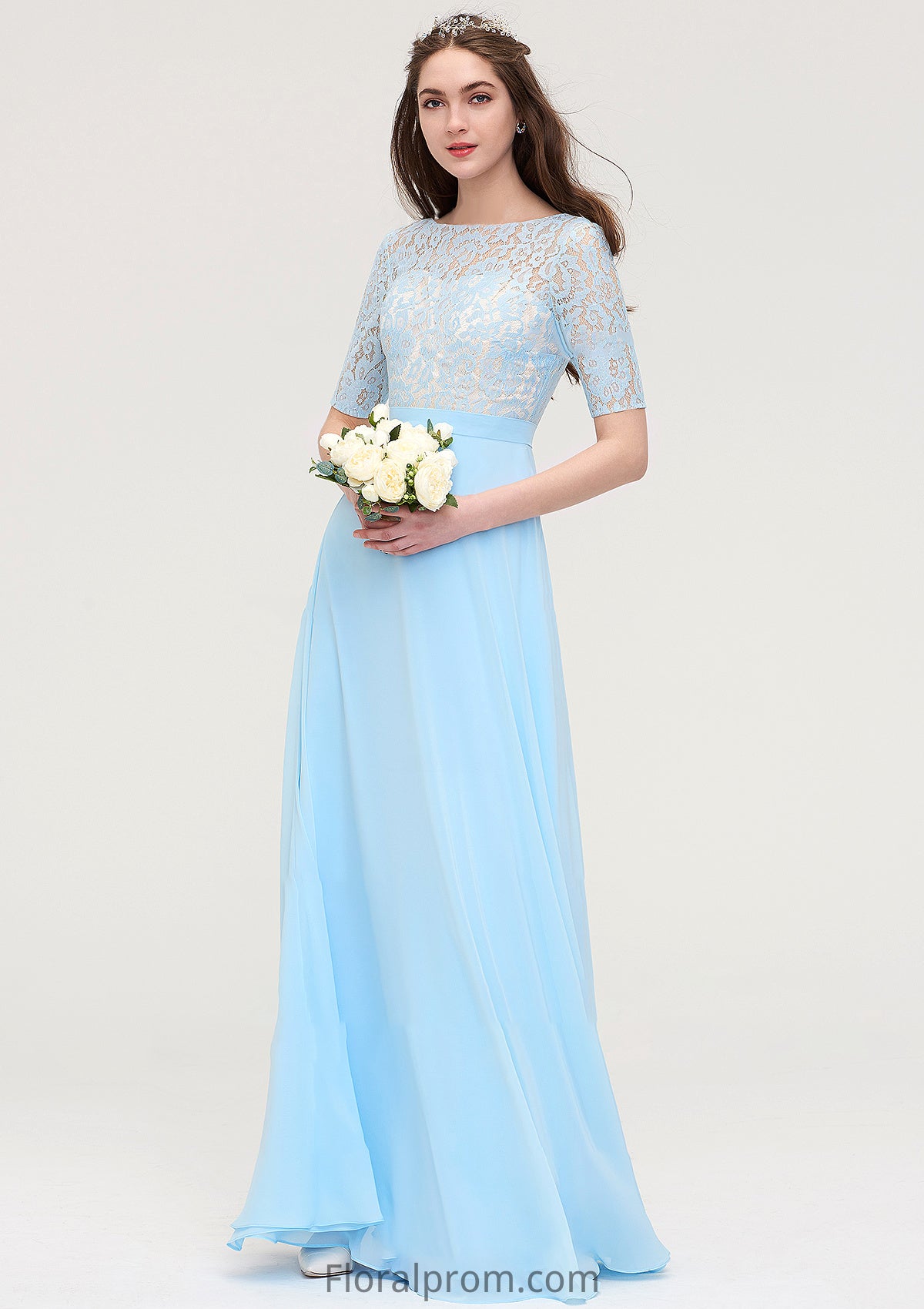 Half Sleeve Long/Floor-Length Bateau Chiffon A-line/Princess Bridesmaid Dresses With Lace Dayanara HJP0025450