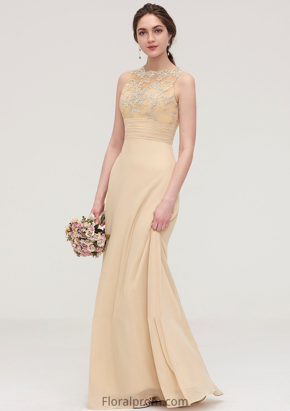 Sleeveless Halter Open Back Long/Floor-Length Sheath/Column Chiffon Bridesmaid Dresses With Pleated Lace Angeline HJP0025451