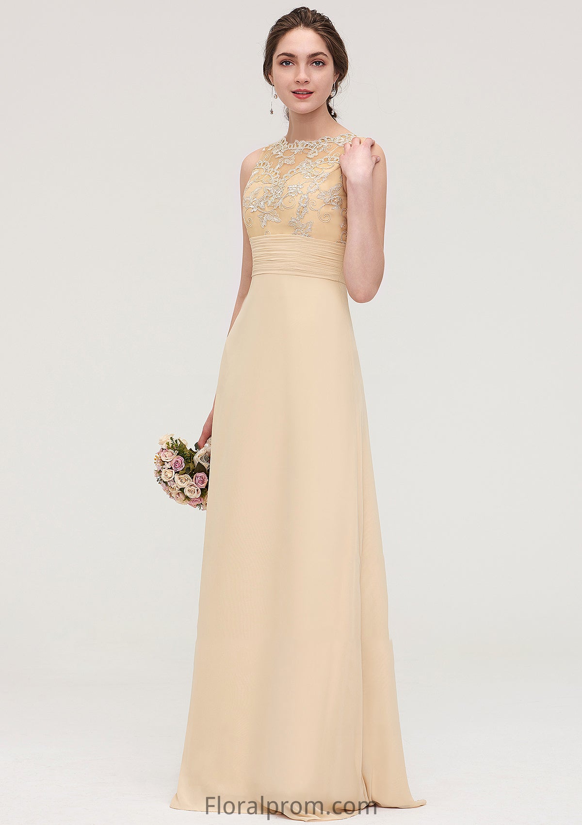 Sleeveless Halter Open Back Long/Floor-Length Sheath/Column Chiffon Bridesmaid Dresses With Pleated Lace Angeline HJP0025451