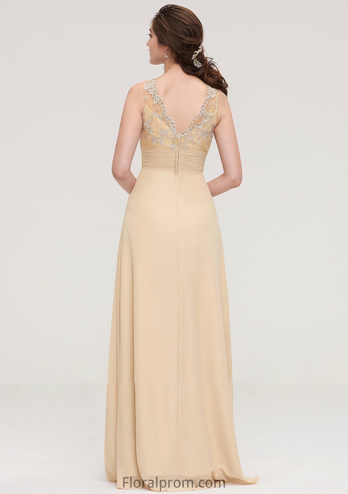 Sleeveless Halter Open Back Long/Floor-Length Sheath/Column Chiffon Bridesmaid Dresses With Pleated Lace Angeline HJP0025451