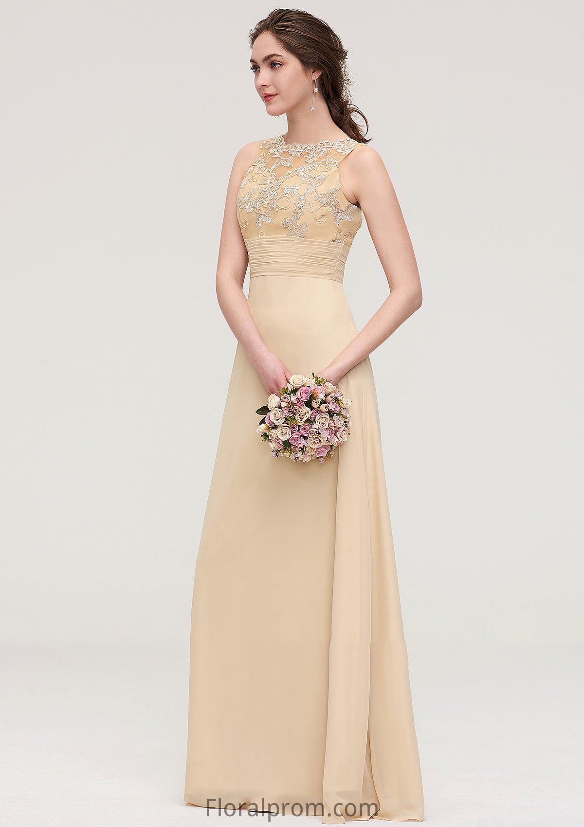 Sleeveless Halter Open Back Long/Floor-Length Sheath/Column Chiffon Bridesmaid Dresses With Pleated Lace Angeline HJP0025451