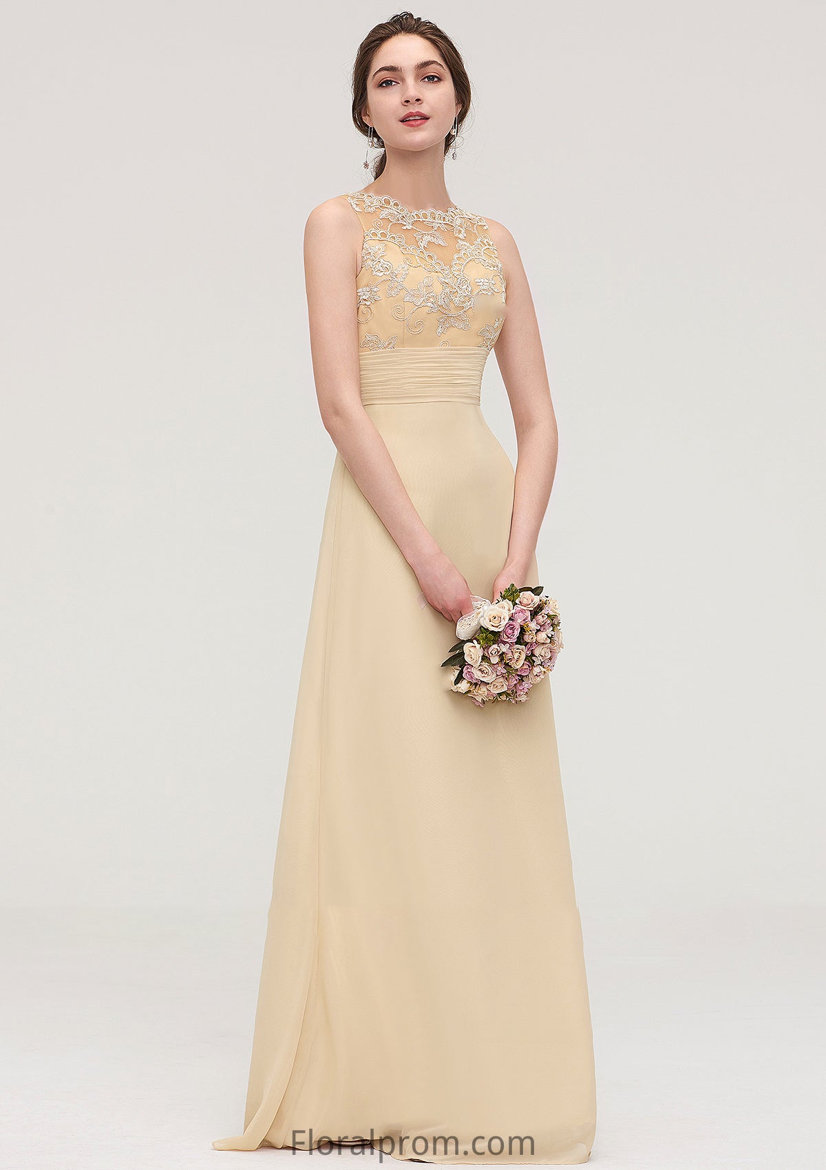 Sleeveless Halter Open Back Long/Floor-Length Sheath/Column Chiffon Bridesmaid Dresses With Pleated Lace Angeline HJP0025451