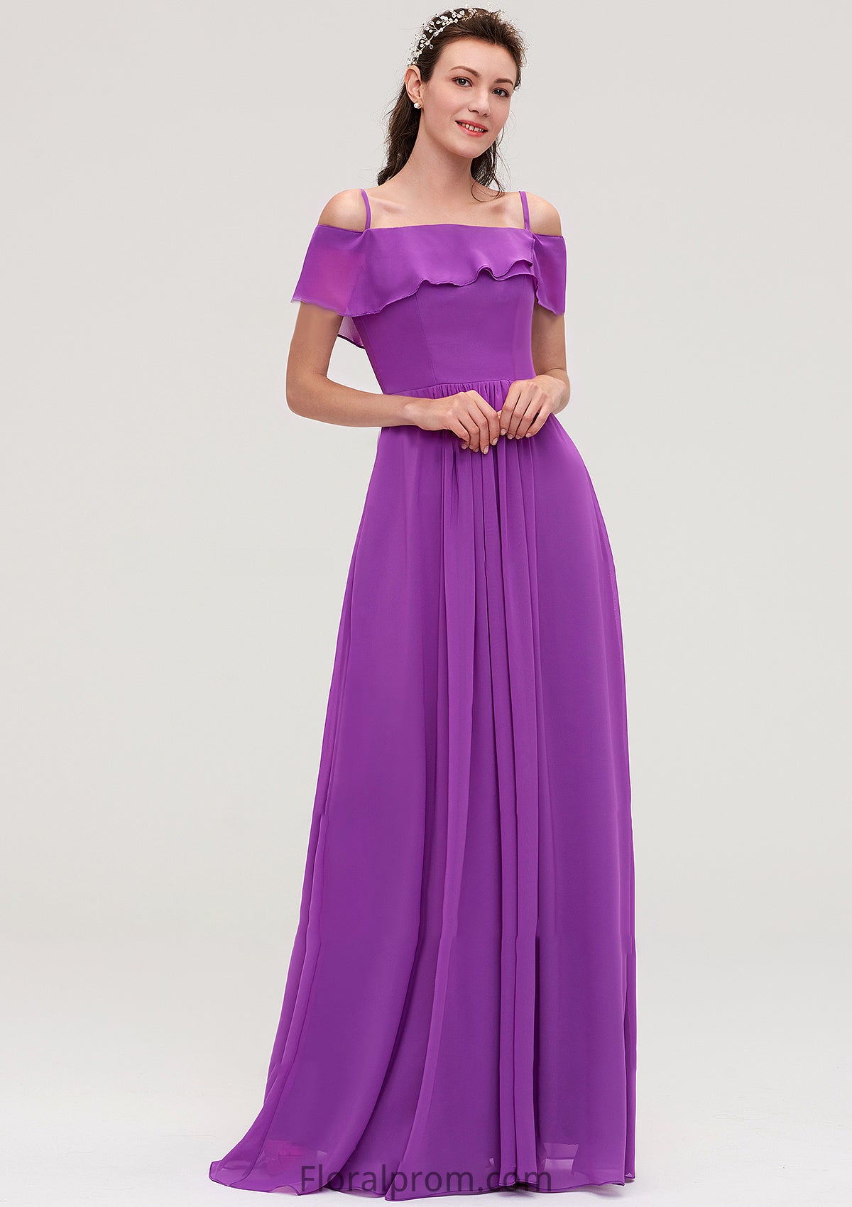 Sleeveless Off-the-Shoulder Chiffon A-line/Princess Long/Floor-Length Bridesmaid Dresseses With Ruffles Yuliana HJP0025452