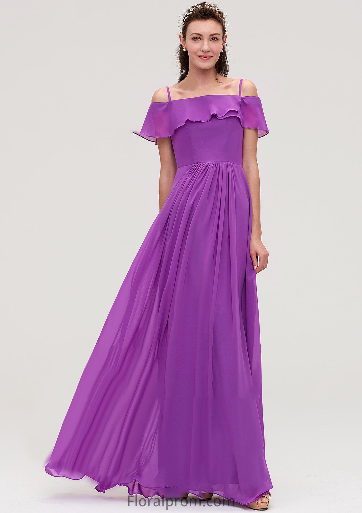 Sleeveless Off-the-Shoulder Chiffon A-line/Princess Long/Floor-Length Bridesmaid Dresseses With Ruffles Yuliana HJP0025452