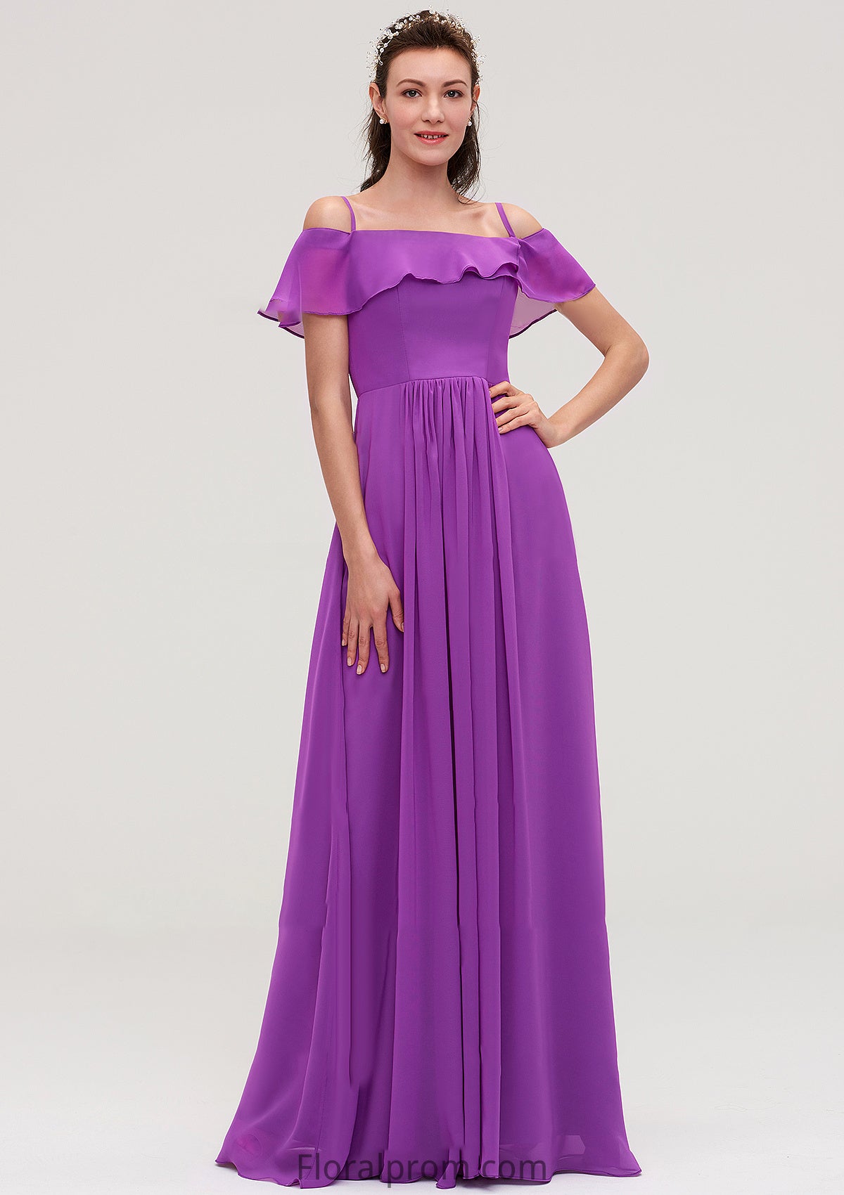 Sleeveless Off-the-Shoulder Chiffon A-line/Princess Long/Floor-Length Bridesmaid Dresseses With Ruffles Yuliana HJP0025452