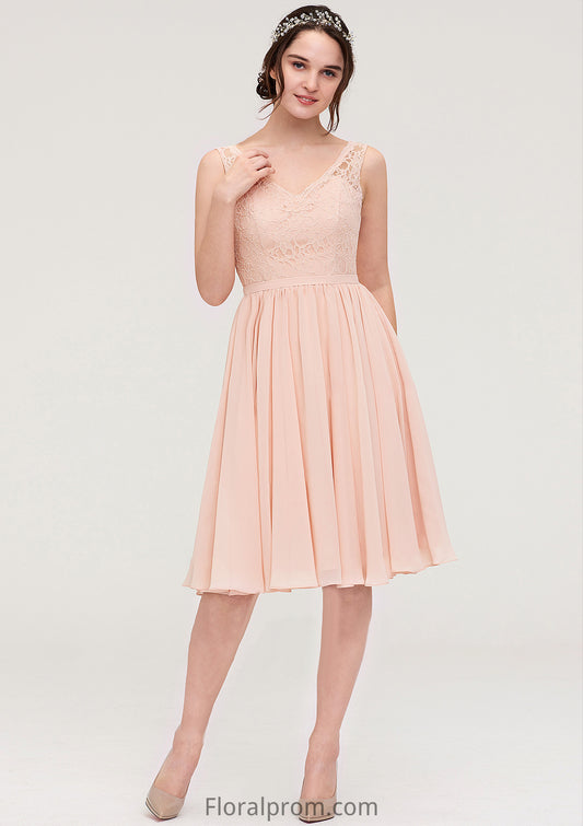 Sleeveless V Neck A-line/Princess Chiffon Knee-Length Bridesmaid Dresses With Lace Veronica HJP0025453