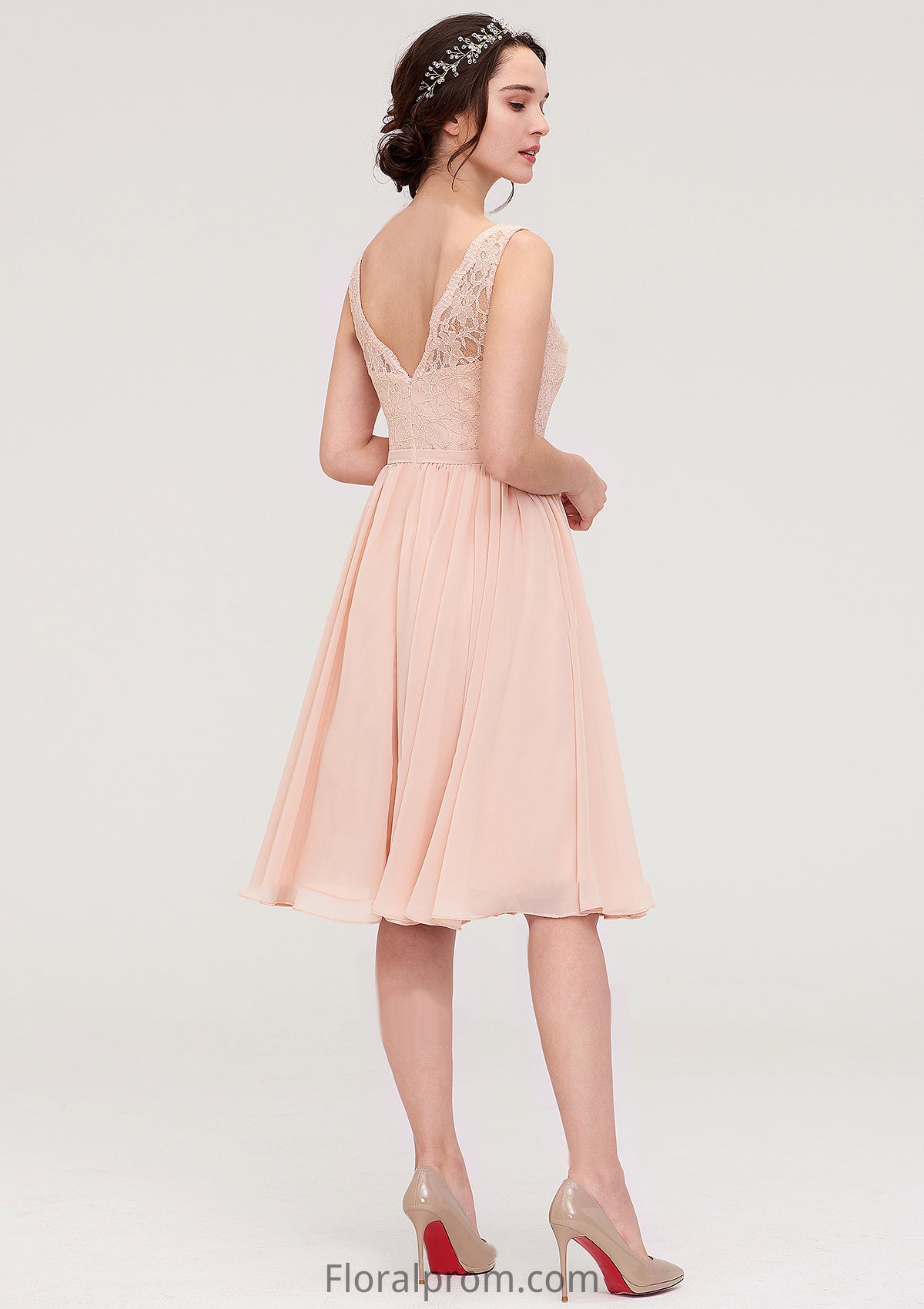 Sleeveless V Neck A-line/Princess Chiffon Knee-Length Bridesmaid Dresses With Lace Veronica HJP0025453