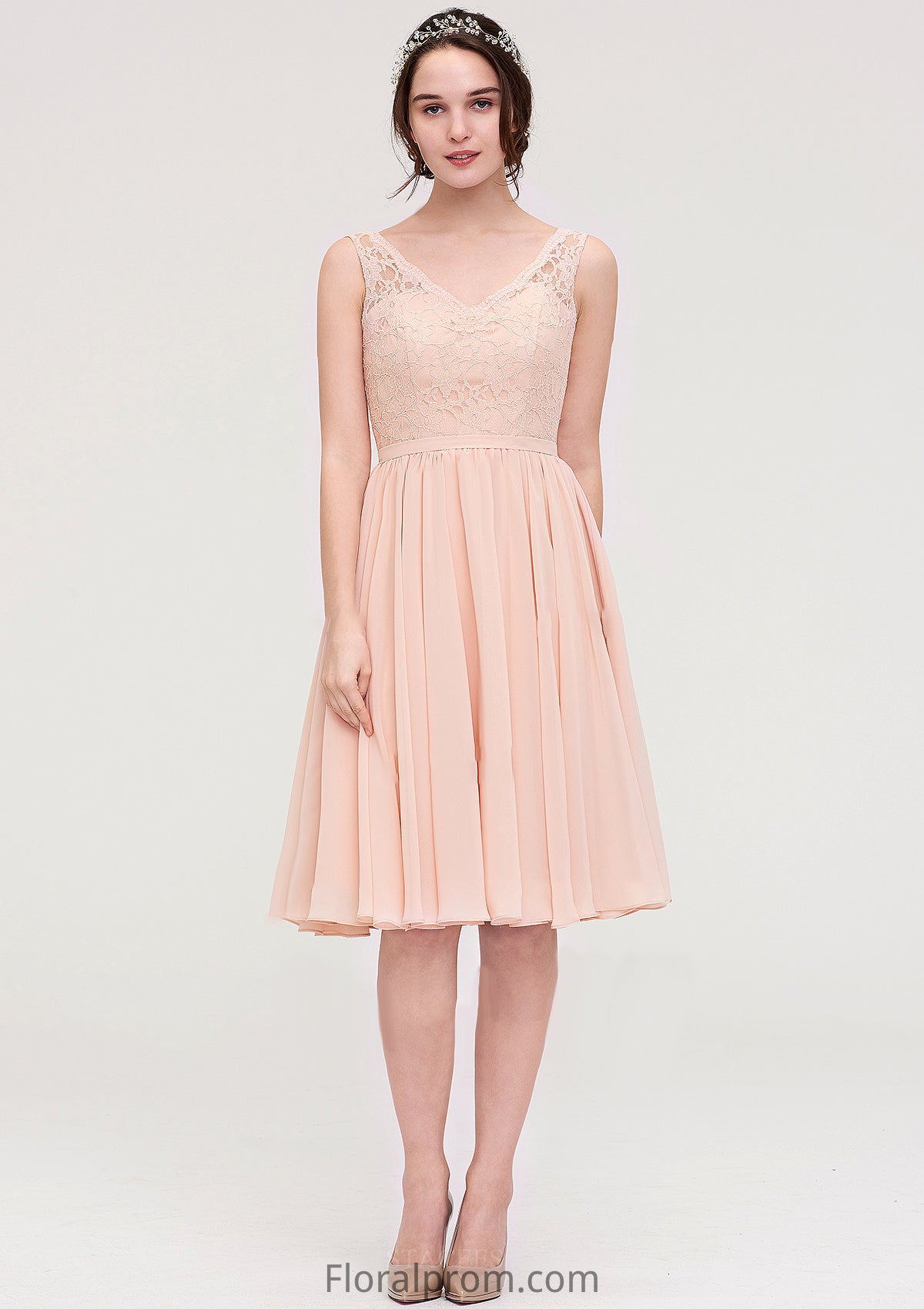 Sleeveless V Neck A-line/Princess Chiffon Knee-Length Bridesmaid Dresses With Lace Veronica HJP0025453