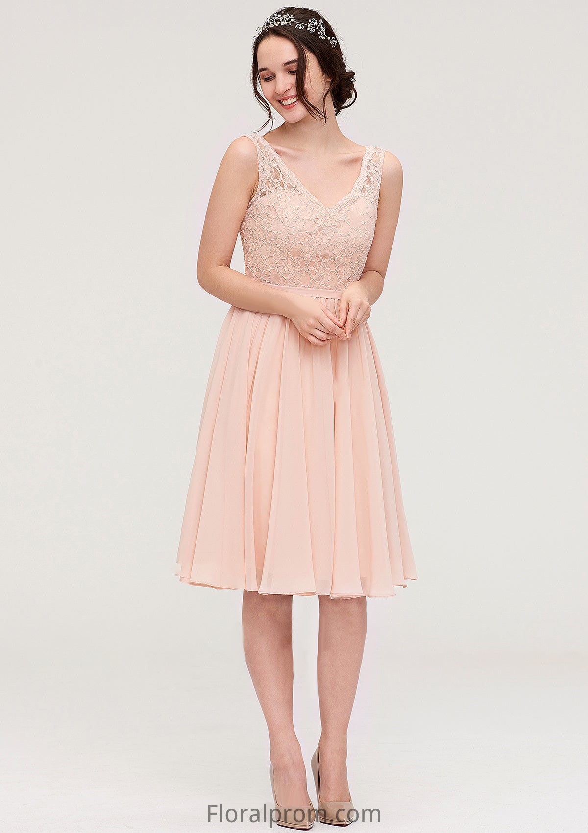 Sleeveless V Neck A-line/Princess Chiffon Knee-Length Bridesmaid Dresses With Lace Veronica HJP0025453