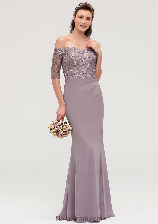 Off-the-Shoulder Half Sleeve Sheath/Column Long/Floor-Length Chiffon Bridesmaid Dresseses With Appliqued Kayleigh HJP0025458