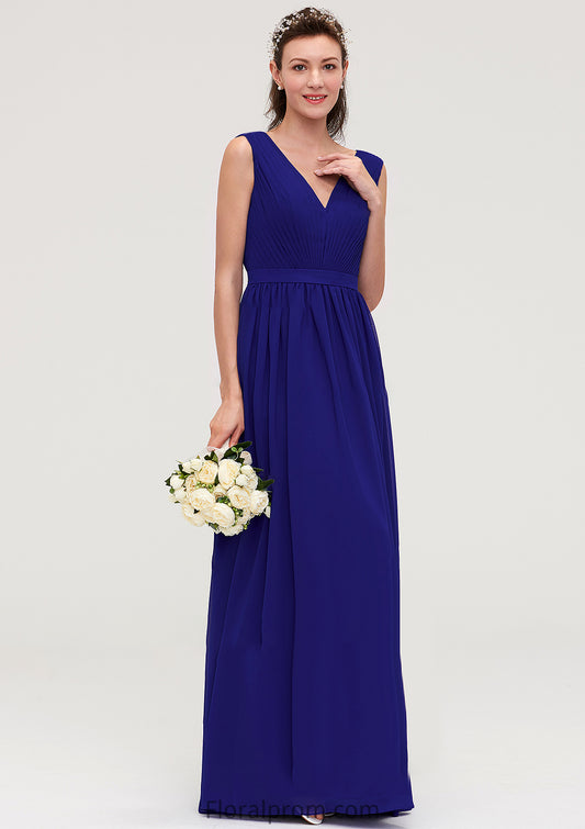 Sleeveless V Neck Chiffon A-line/Princess Long/Floor-Length Bridesmaid Dresseses With Pleated Isla HJP0025459