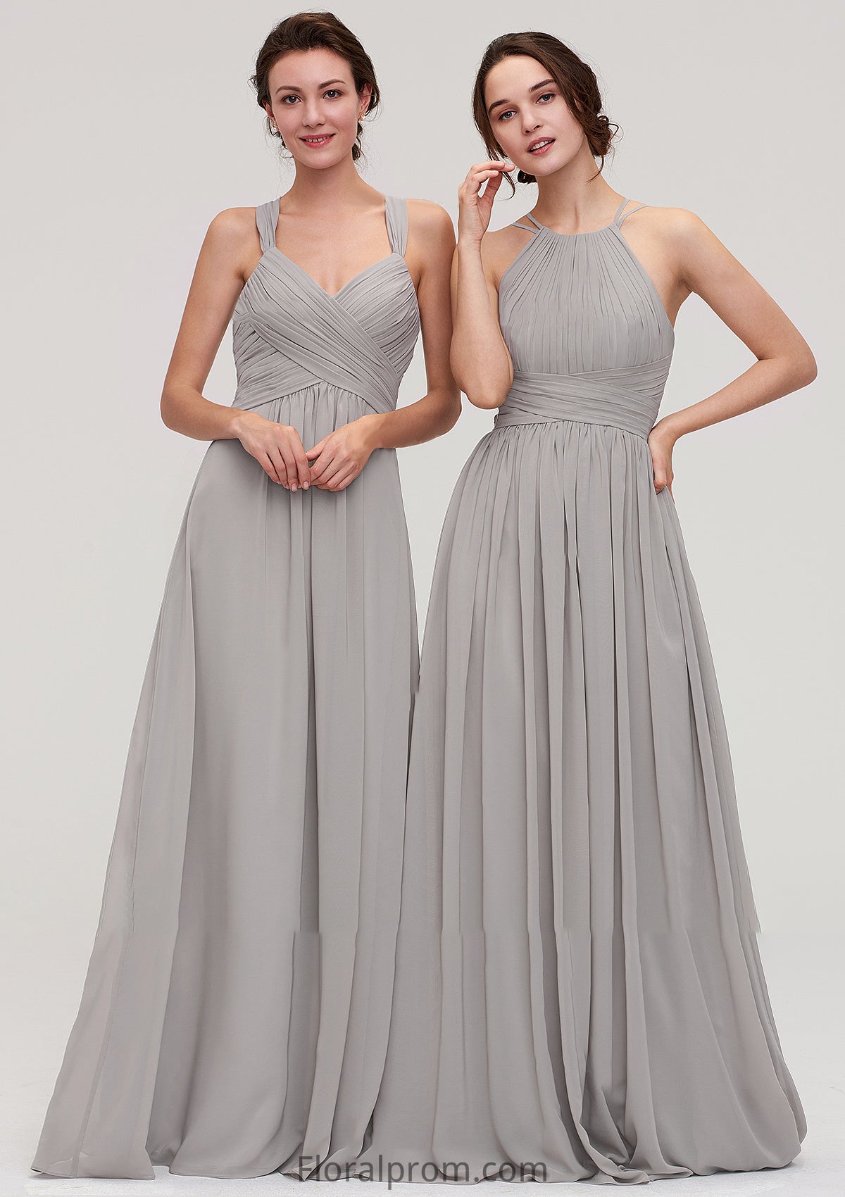 Halter Sleeveless A-line/Princess Long/Floor-Length Chiffon Bridesmaid Dresses With Pleated Malia HJP0025462