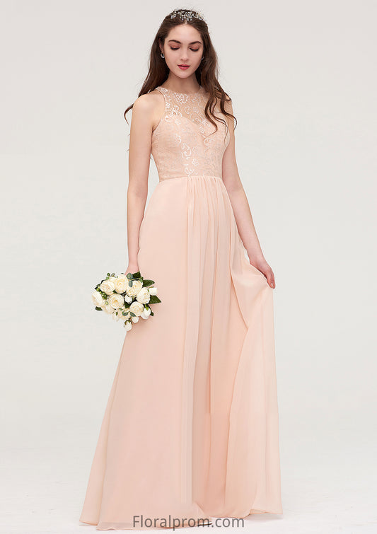 Bateau Sleeveless Long/Floor-Length Chiffon A-line/Princess Bridesmaid Dresses With Lace Pleated Payton HJP0025464