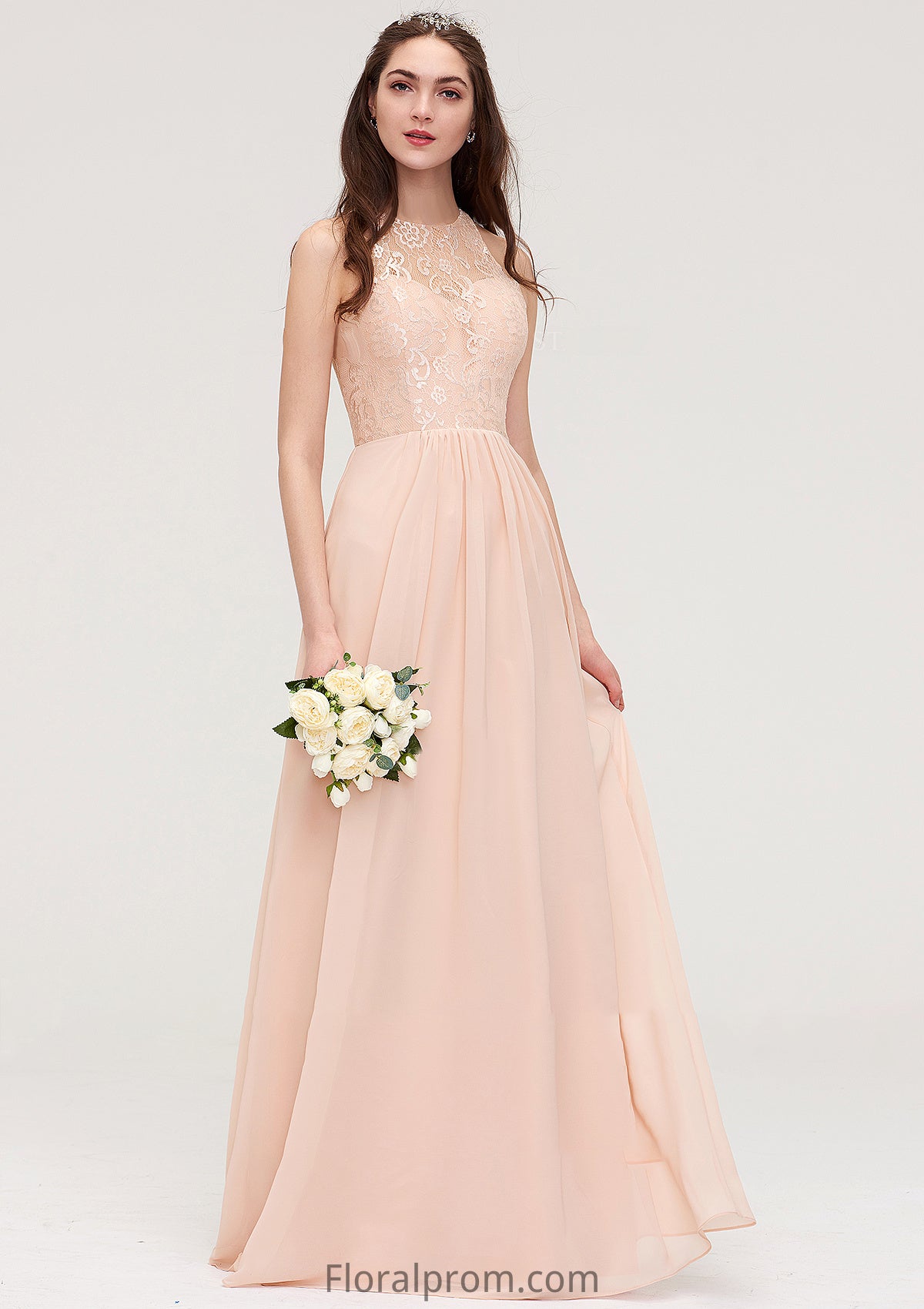 Bateau Sleeveless Long/Floor-Length Chiffon A-line/Princess Bridesmaid Dresses With Lace Pleated Payton HJP0025464